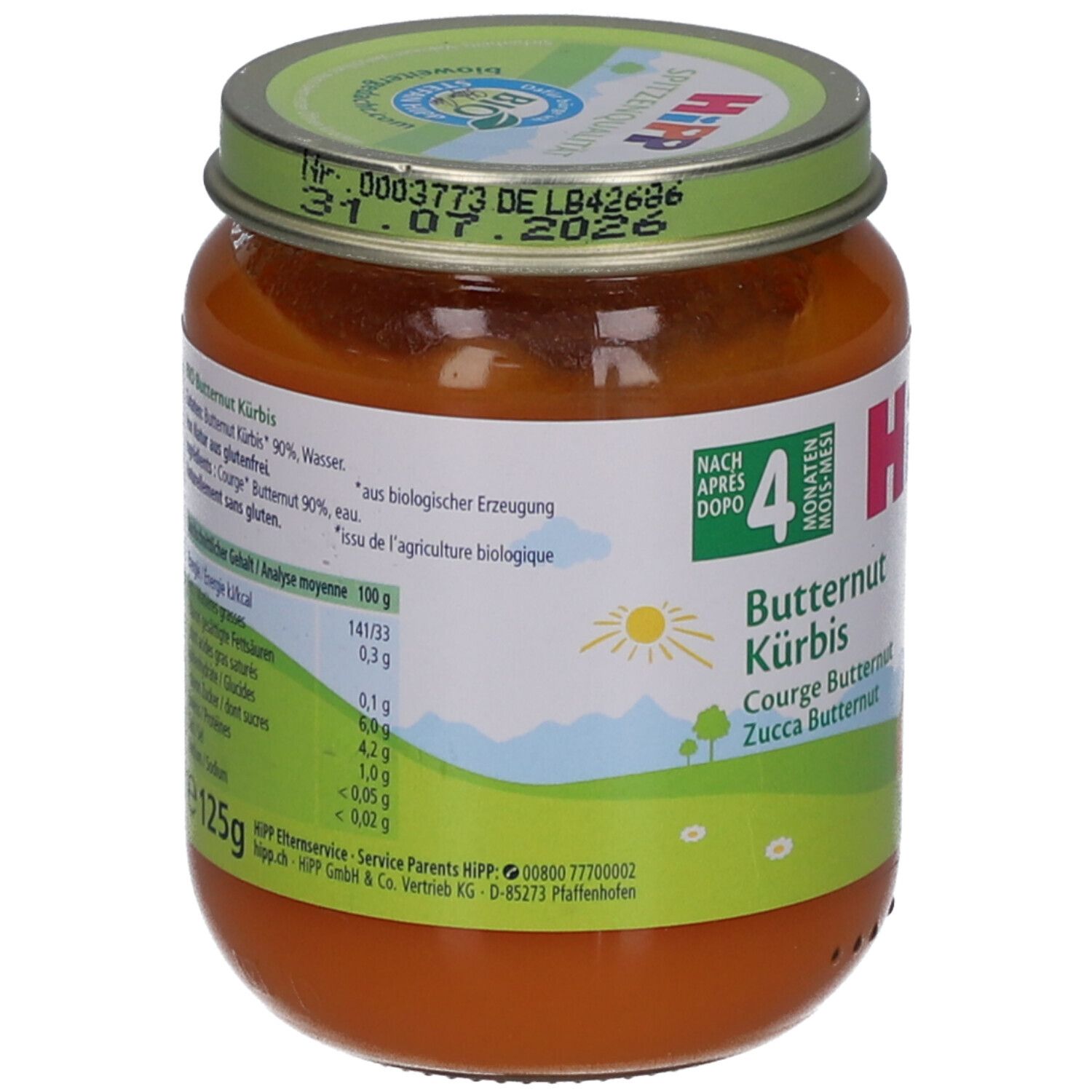 Pot de purée de courge butternut bio HiPP dès 4 mois. Dos avec informations nutritionnelles et label bio. 125g.