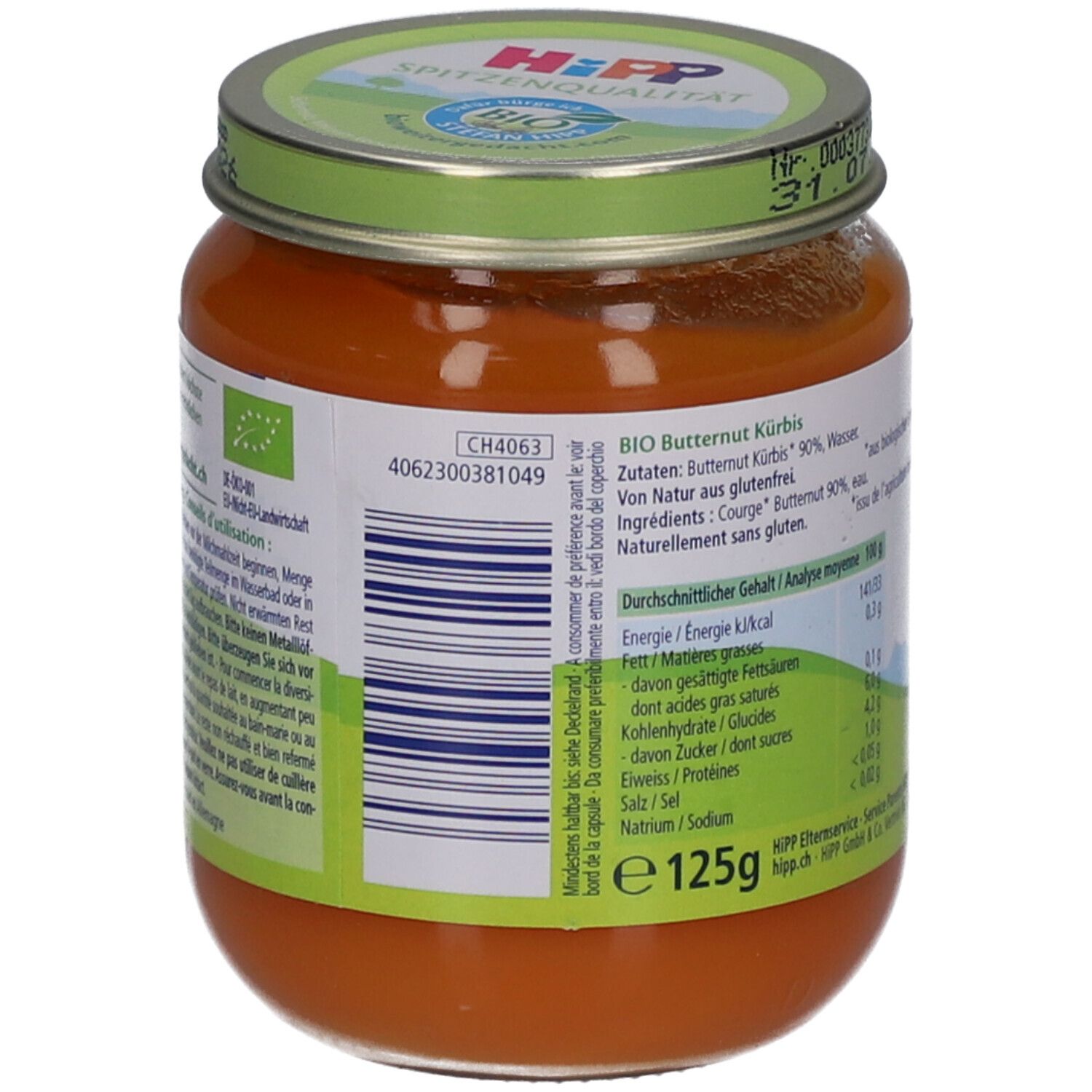 Dos du pot de purée de courge butternut bio HiPP dès 4 mois. Liste des ingrédients, informations nutritionnelles et label bio. 125g.