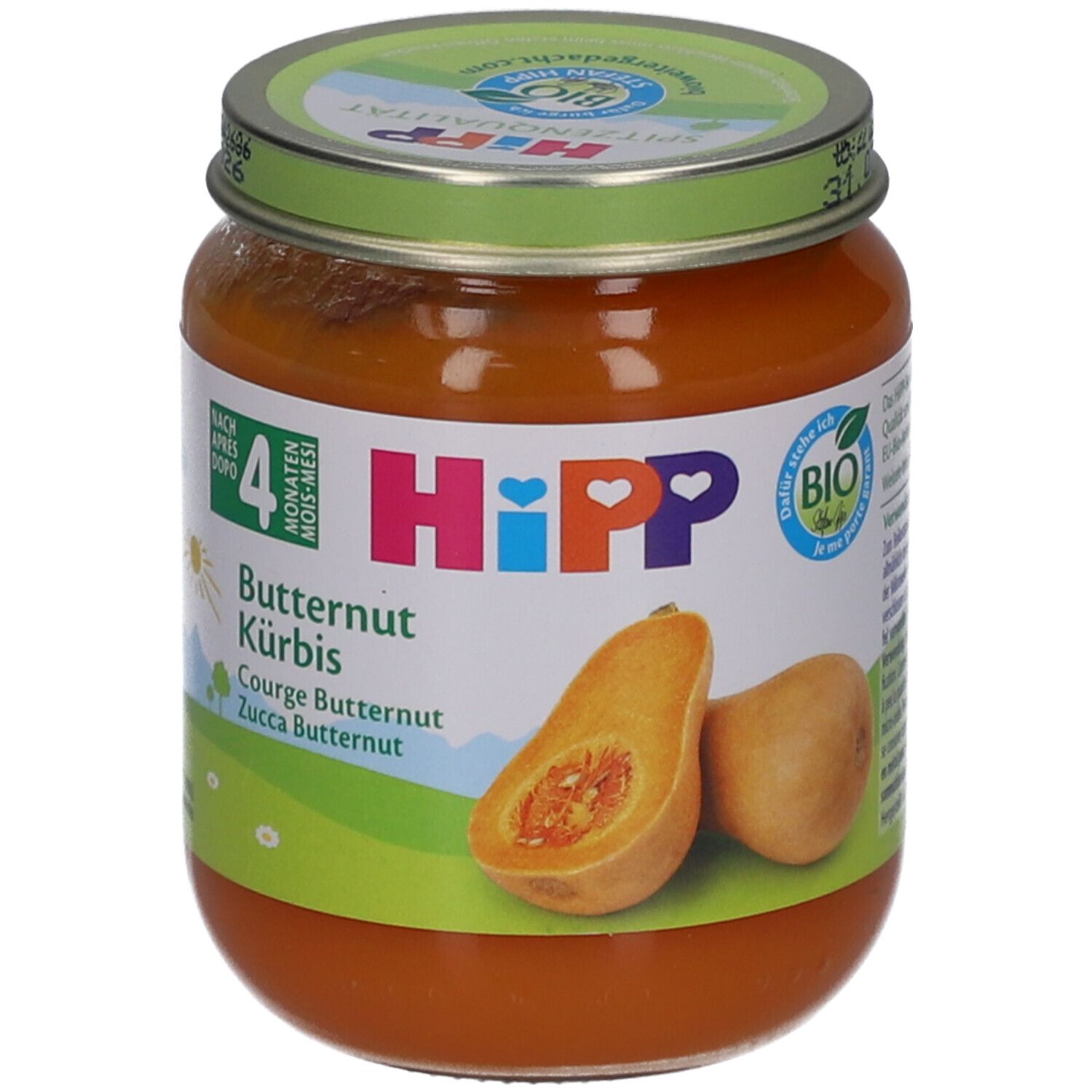 Pot de purée de courge butternut bio HiPP dès 4 mois. Étiquette avec illustration de courge et label bio.