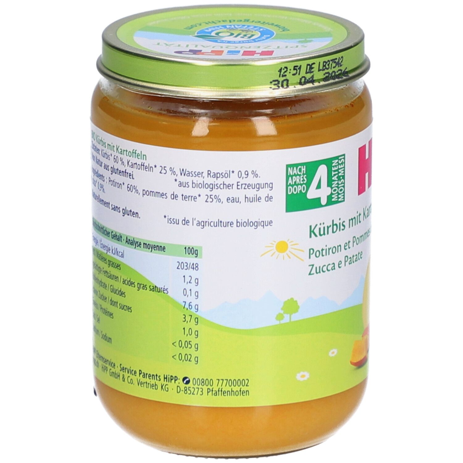 Pot de purée de potiron et pommes de terre. Informations nutritionnelles et liste des ingrédients. Label bio et logo HiPP.