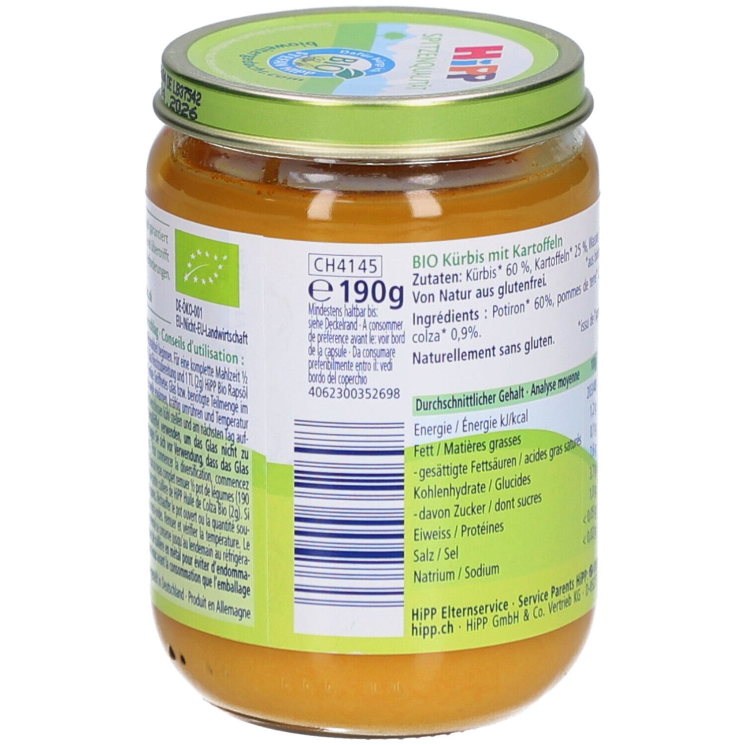 Pot de purée de potiron et pommes de terre. Dos avec ingrédients, valeurs nutritionnelles et label bio. Logo HiPP.