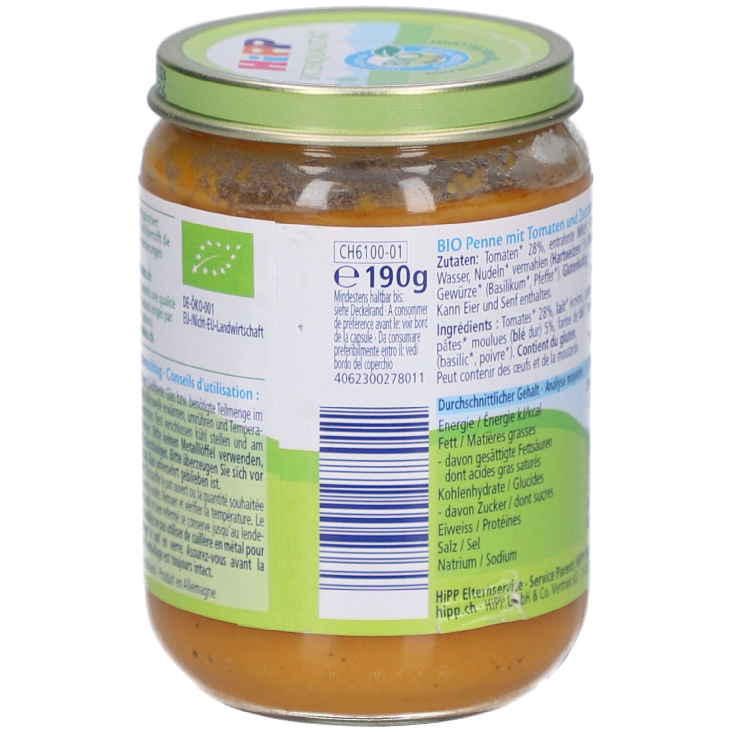 Dos du pot HiPP Bio-Penne aux tomates et courgettes. Liste des ingrédients, informations nutritionnelles et label bio. Poids 190g.