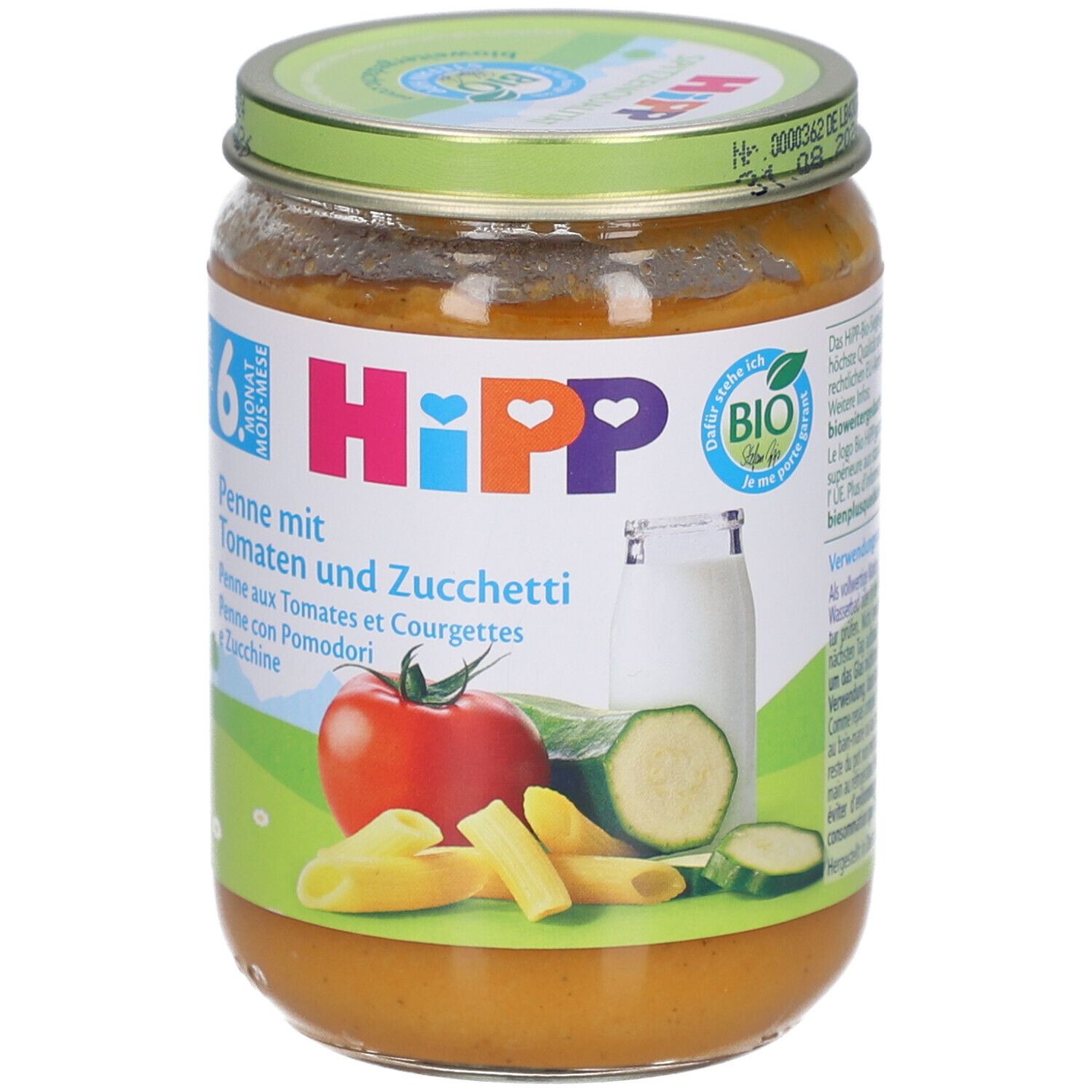 Pot de HiPP Bio-Penne aux tomates et courgettes. Étiquette avec ingrédients, logo et label bio. Tomate, courgette et pâtes penne illustrées.
