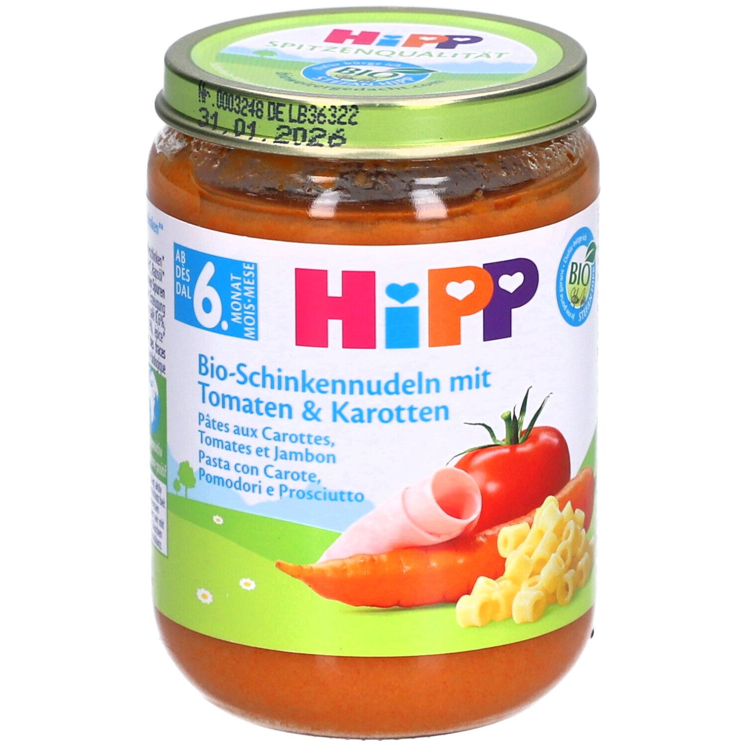 Pot pour bébé Hipp Bio Pâtes au jambon, tomates et carottes. Contient des pâtes, du jambon, des tomates et des carottes.