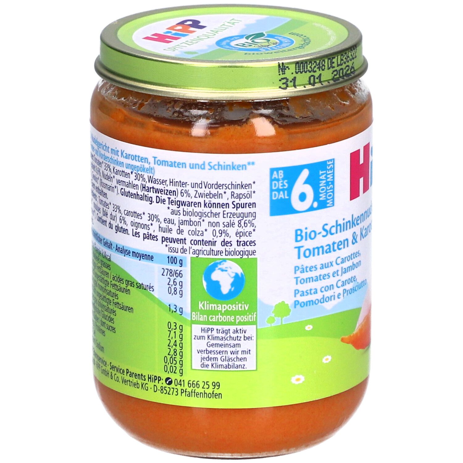 Pot de bébé Hipp Bio Jambon-Tomates & Carottes, 100g.