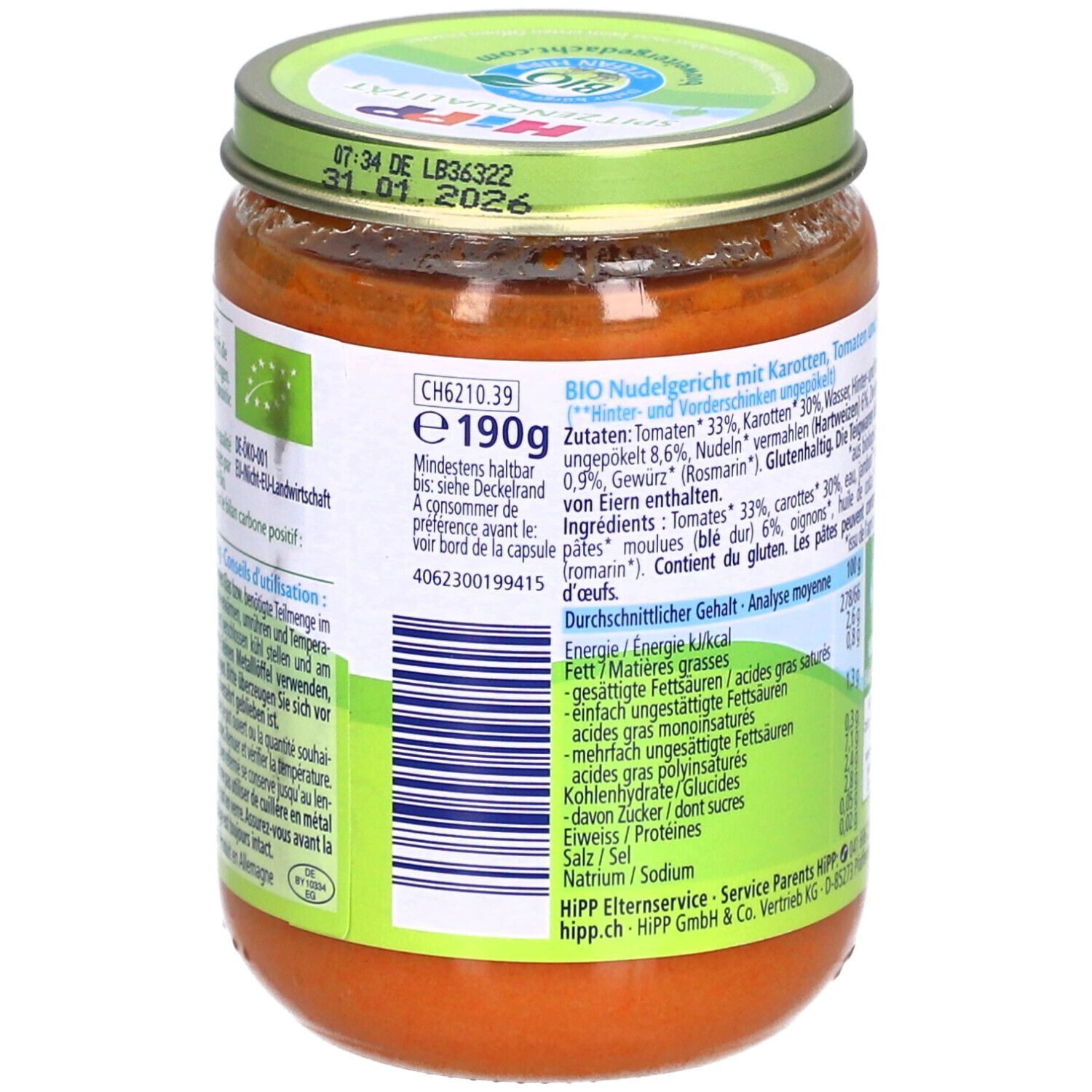 Plat de pâtes bio aux carottes et tomates, pot de 190g.