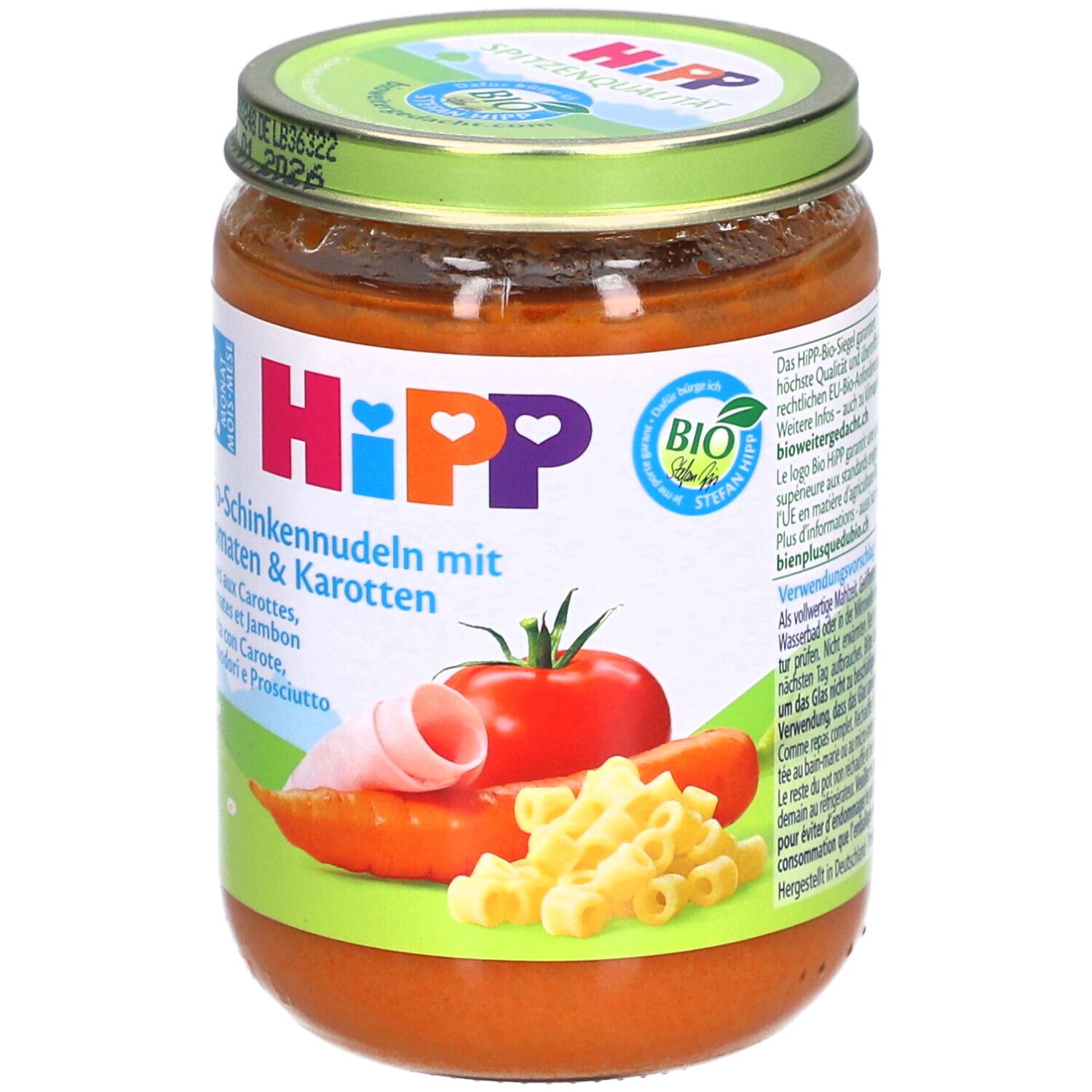 Pot de bébé HiPP Pâtes au jambon, tomates et carottes. Avec label BIO.