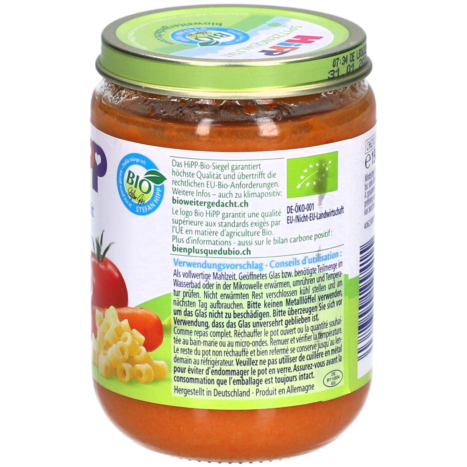 Pot de purée pour bébé avec tomates et pâtes, label Bio.
