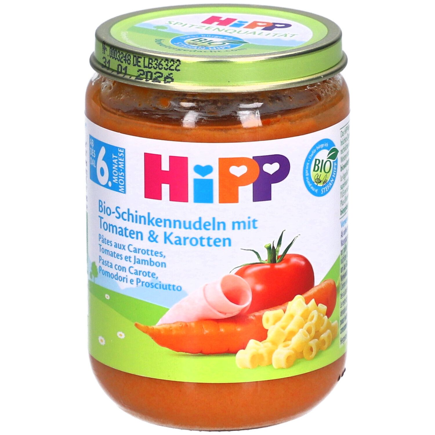 Pot de bébé HiPP Bio Pâtes au jambon, tomates et carottes. Contient des pâtes, du jambon, des tomates et des carottes.