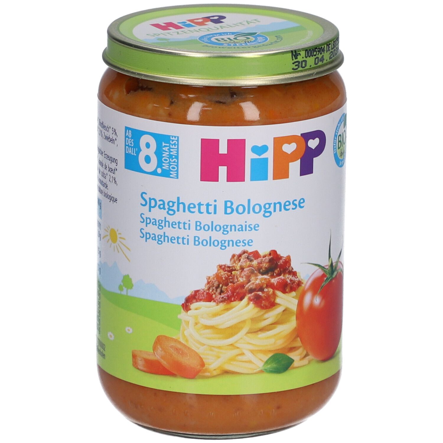 Pot de Spaghetti Bolognese pour bébés de 8 mois et plus. Étiquette avec logo, nom du produit et illustration de spaghettis et tomate.