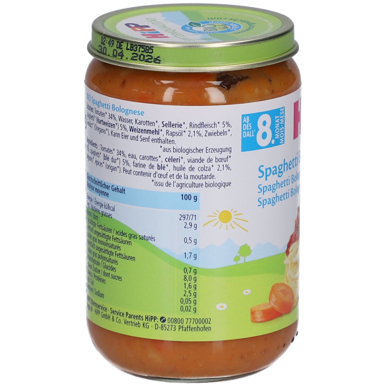 Dos du pot de Spaghetti Bolognese. Liste des ingrédients, informations nutritionnelles et logo. Contenu : 100g.