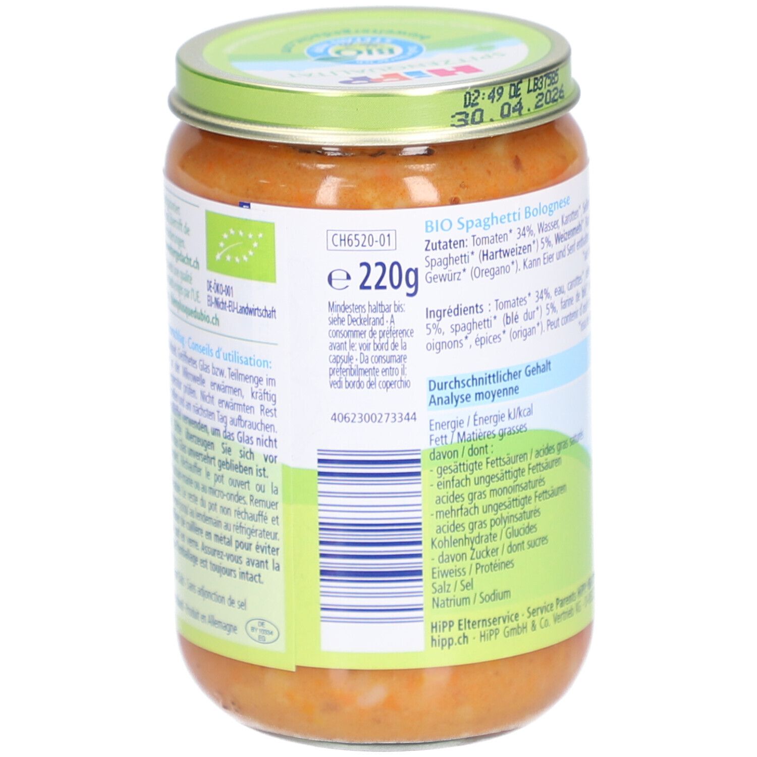 Dos du pot de Spaghetti Bolognese. Liste des ingrédients, informations nutritionnelles et logo. Contenu : 220g.
