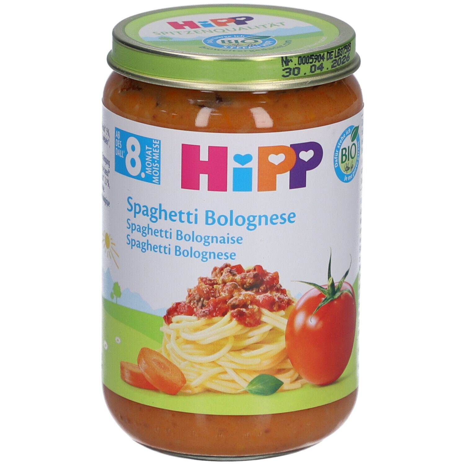 Pot de Spaghetti Bolognese pour bébés de 8 mois et plus. Étiquette avec logo, nom du produit et illustration de spaghettis et tomate.