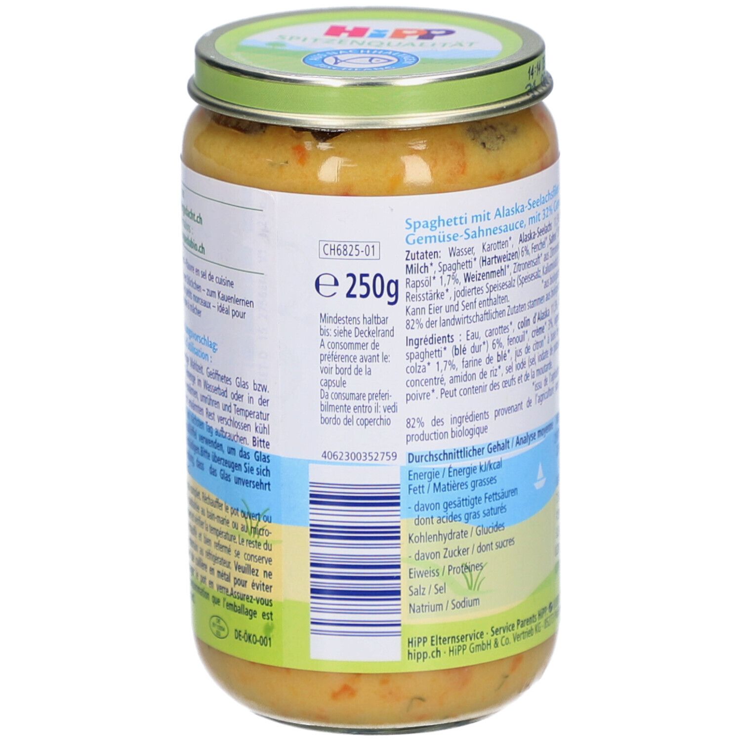 Pot Hipp pour bébé : Spaghetti au colin d'Alaska, sauce crème et légumes, 250g.
