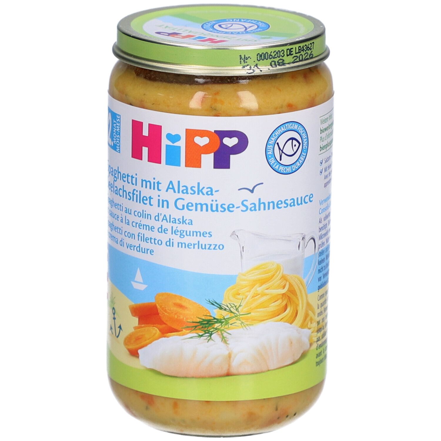 Pot Hipp: Spaghetti au colin d'Alaska et sauce à la crème de légumes, dès 12 mois.