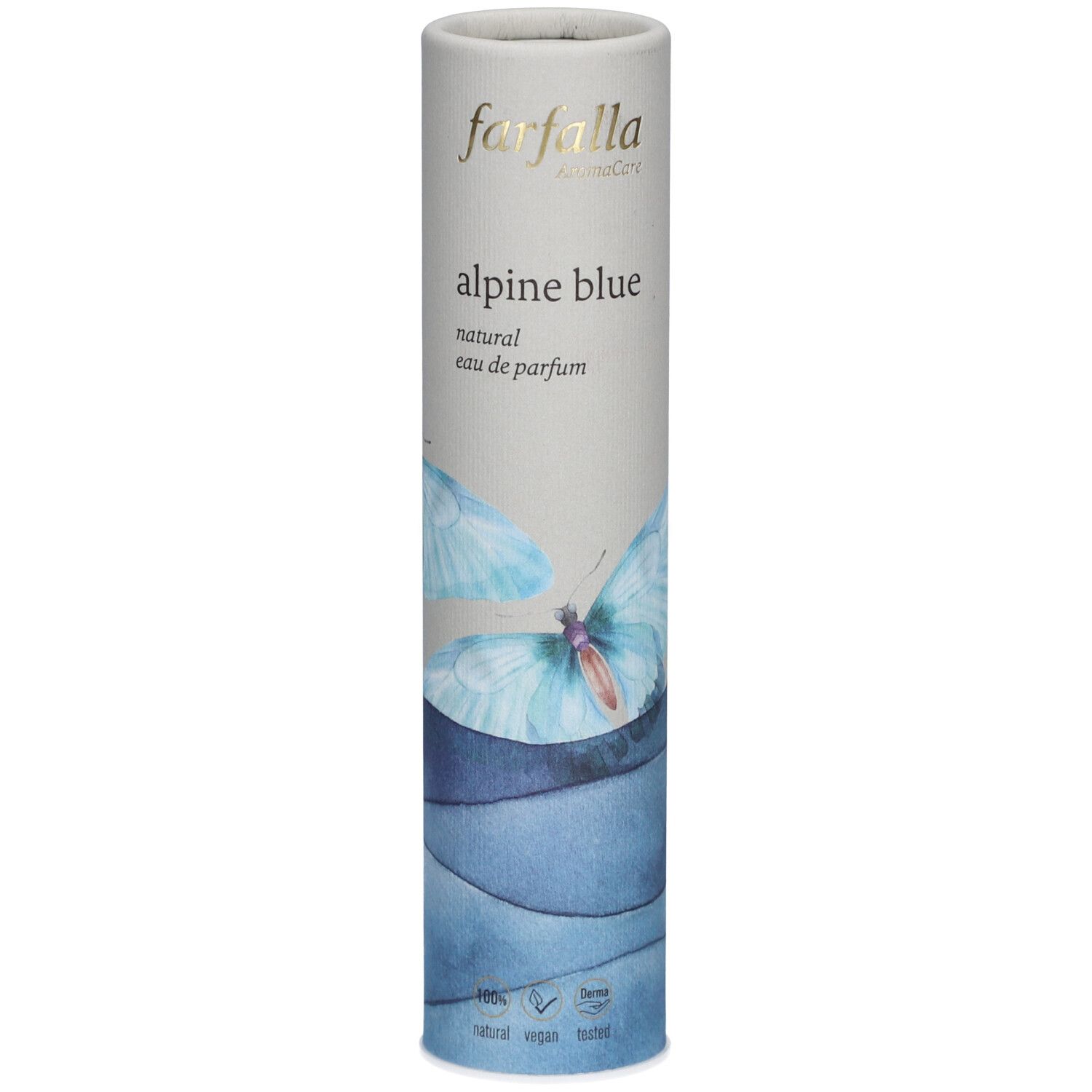 Emballage cylindrique de Farfalla Alpine Blue Eau de Parfum. Gris clair avec motif papillon bleu et nom du produit.