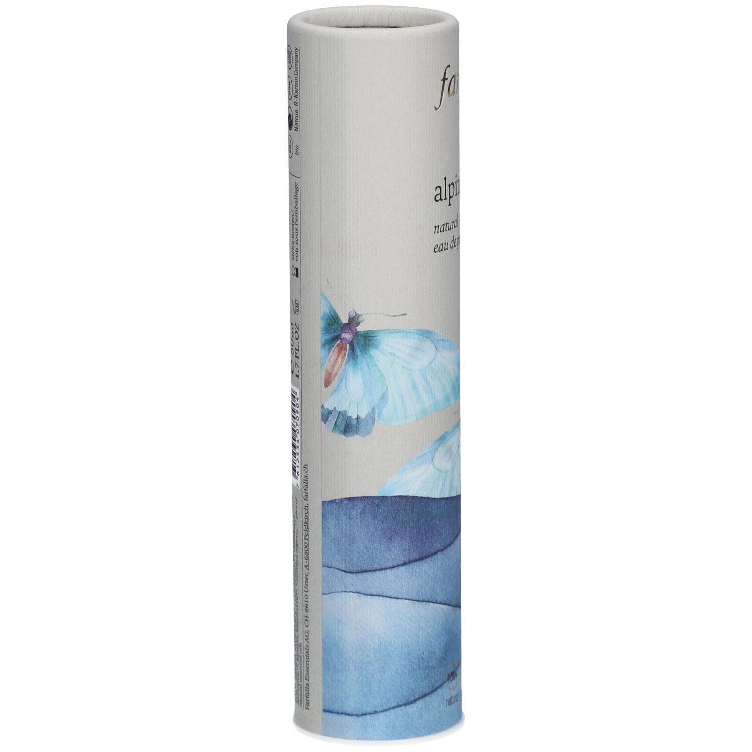 Emballage cylindrique de Farfalla Alpine Blue Eau de Parfum. Vue latérale avec texte et motif papillon.