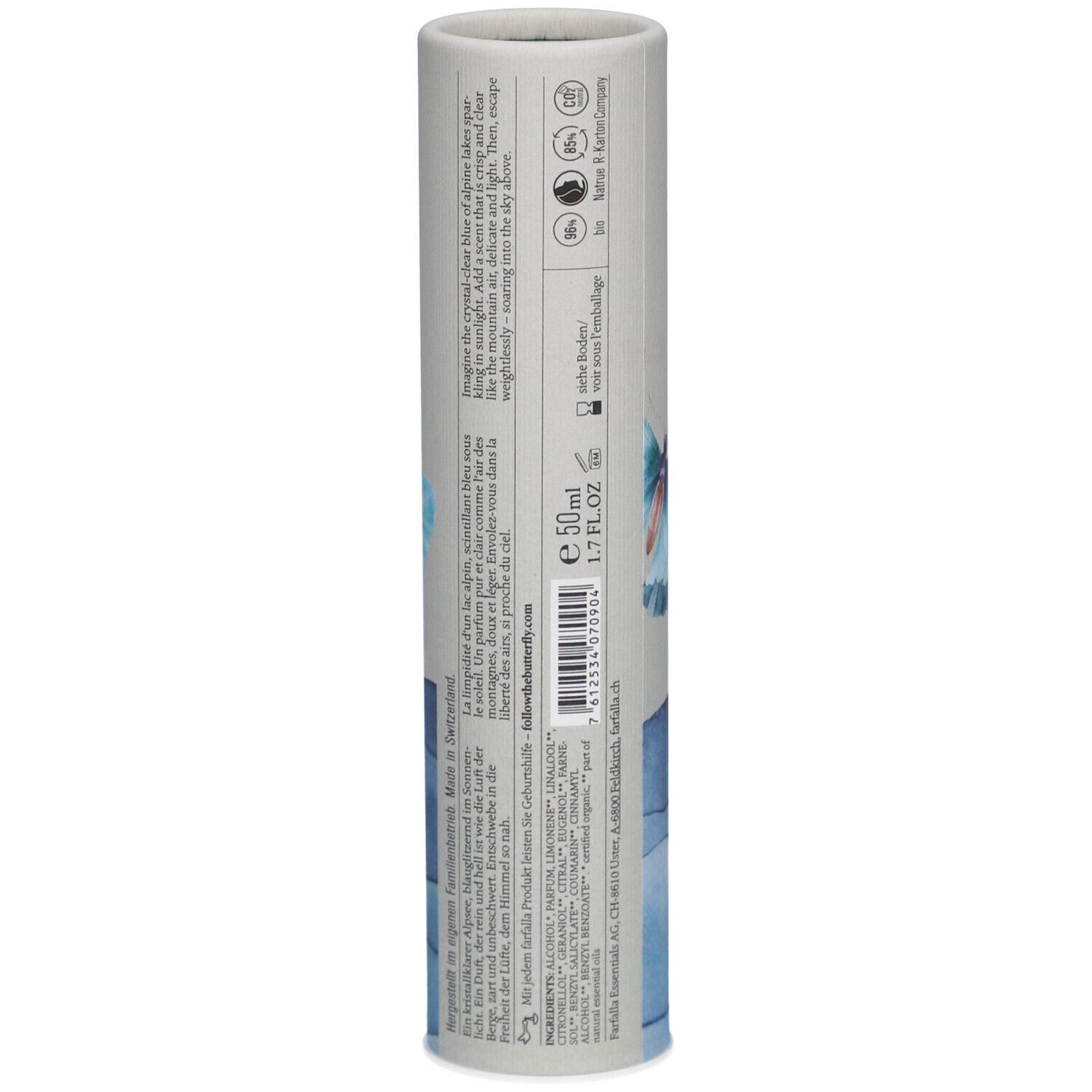 Emballage cylindrique de Farfalla Alpine Blue Eau de Parfum. Dos avec texte, ingrédients et certifications.