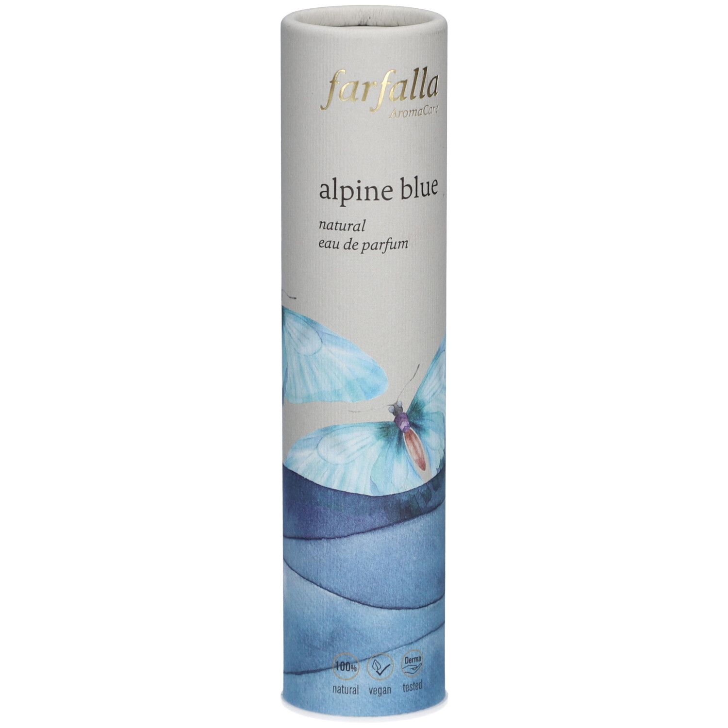 Emballage cylindrique de Farfalla Alpine Blue Eau de Parfum. Gris clair avec motif papillon bleu et nom du produit.