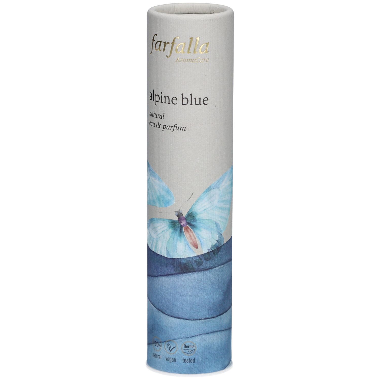 Emballage cylindrique de Farfalla Alpine Blue Eau de Parfum. Gris clair avec motif papillon bleu et nom du produit.