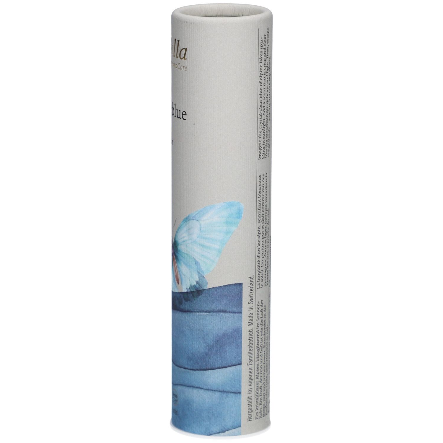 Emballage cylindrique de Farfalla Alpine Blue Eau de Parfum. Vue latérale avec texte et motif papillon.