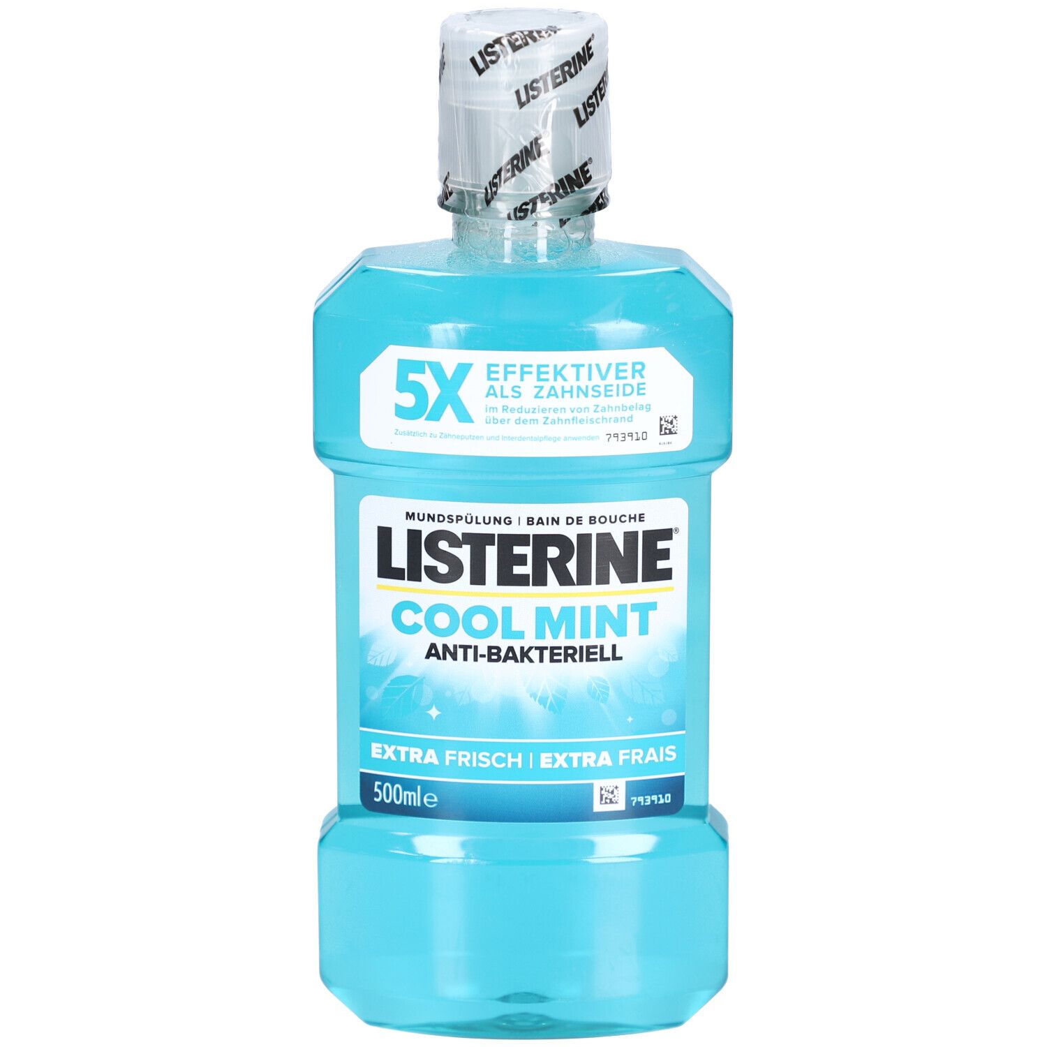 Flacon bleu transparent avec bouchon blanc. Inscription: Listerine Cool Mint, Anti-bactérien, Extra Frais. 5X plus efficace que le fil dentaire.