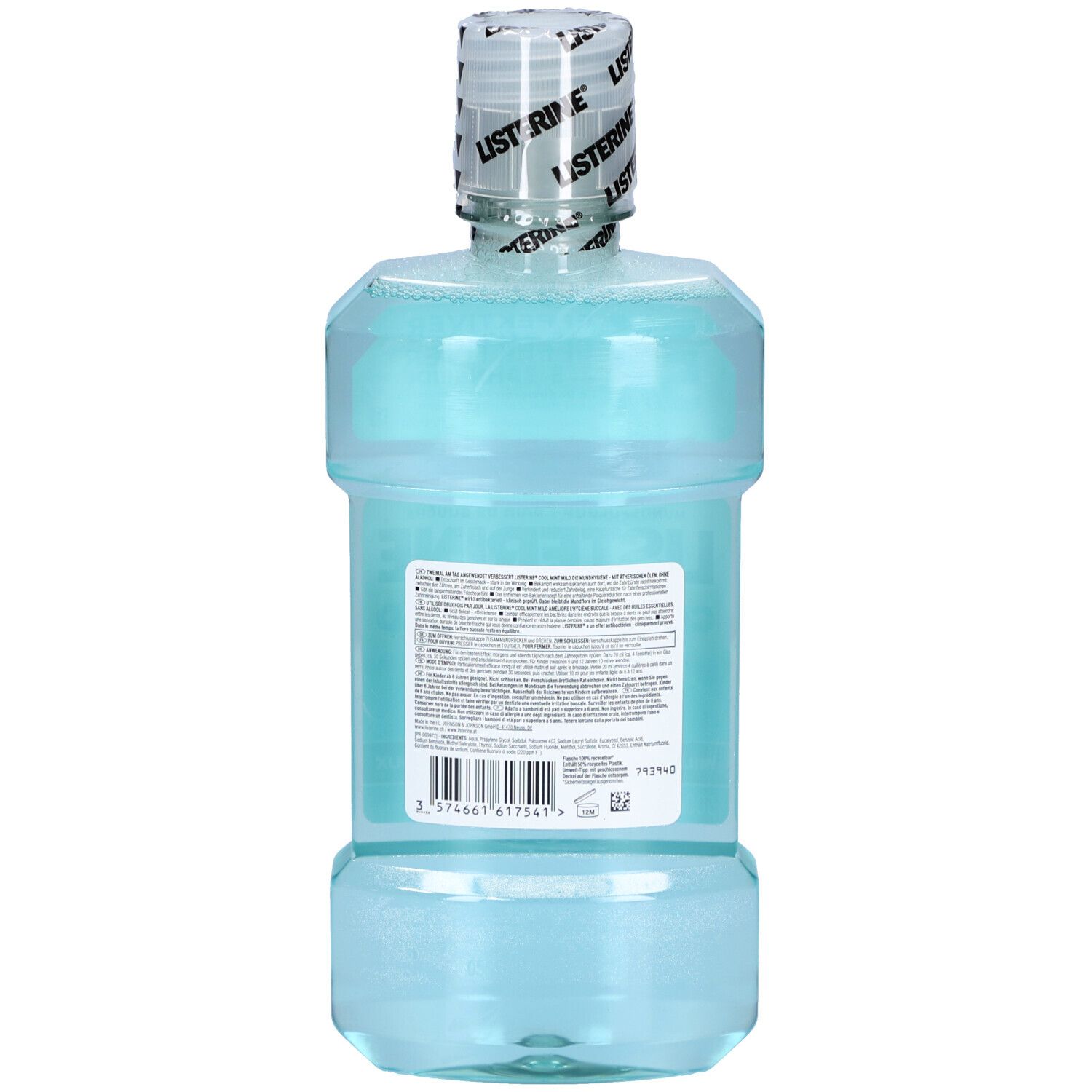 Vue arrière du flacon de bain de bouche. Étiquette avec texte et code-barres. Flacon transparent avec liquide bleuté.