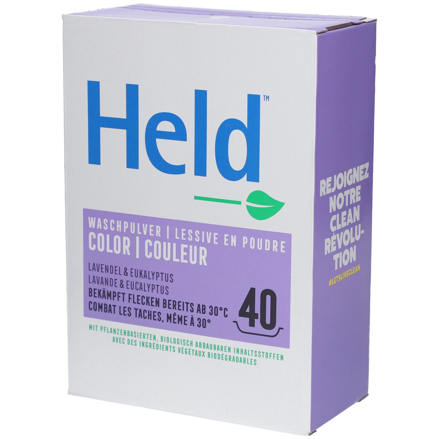 Boîte de lessive Held Color, Lavande & Eucalyptus. Écriture bleue, feuille verte. 40 lavages. Design violet et blanc.