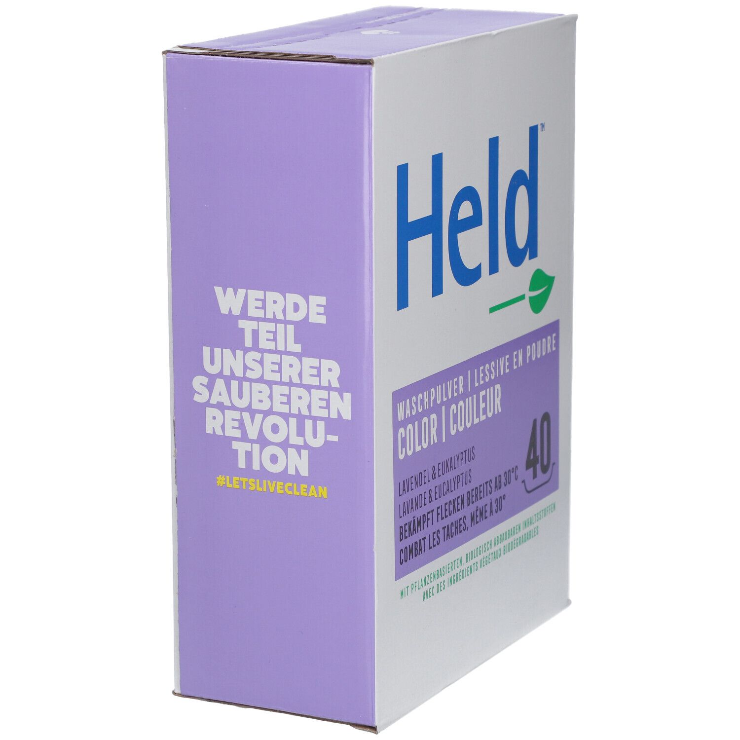 Boîte de lessive Held Color, Lavande & Eucalyptus. Côté violet avec texte. Boîte blanche avec logo et texte.