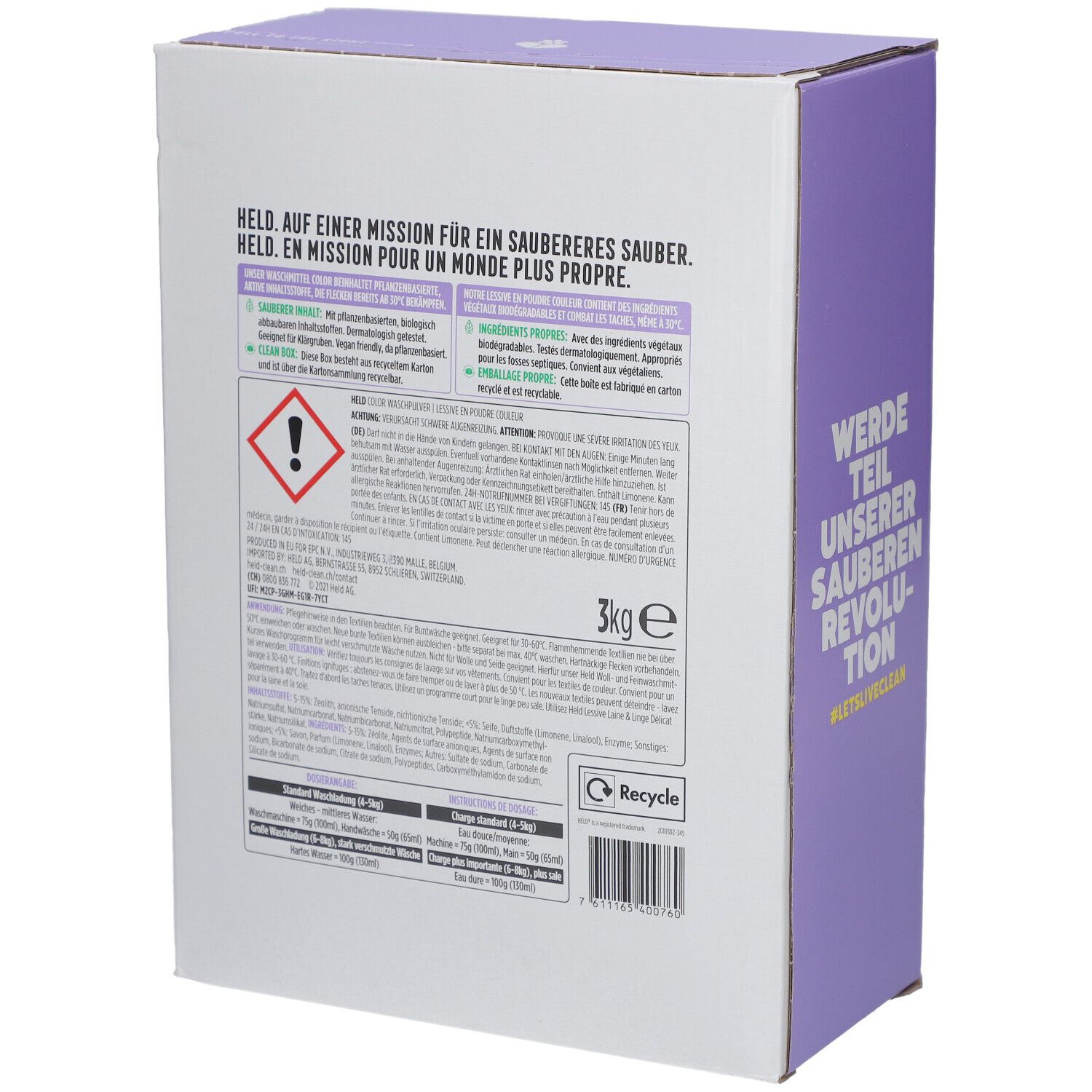 Dos de la boîte de lessive. Texte en allemand, français. Avertissement. 3kg e. Symbole de recyclage.