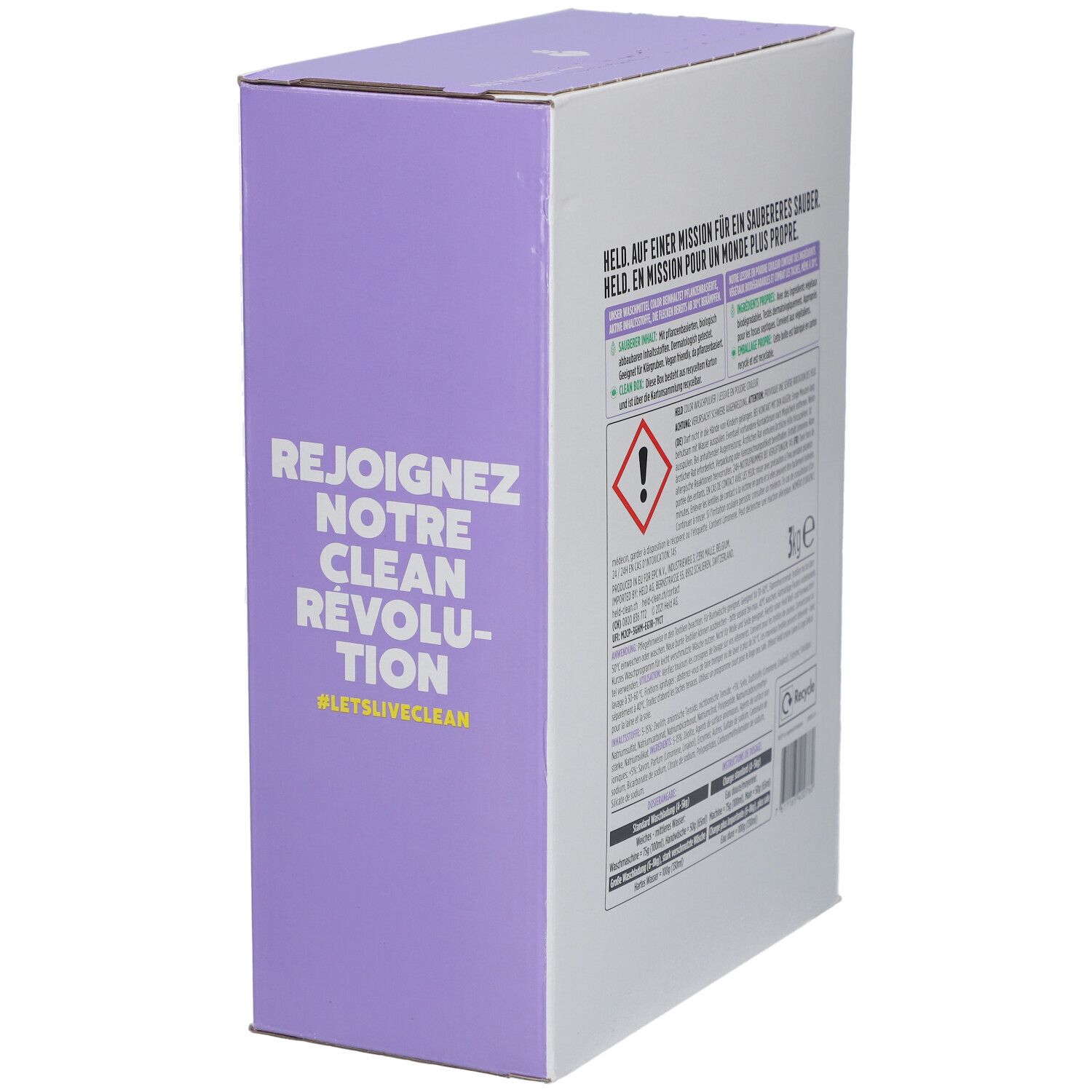 Côté de la boîte de lessive. Texte en allemand, français. Avertissement. 3kg e. Symbole de recyclage.