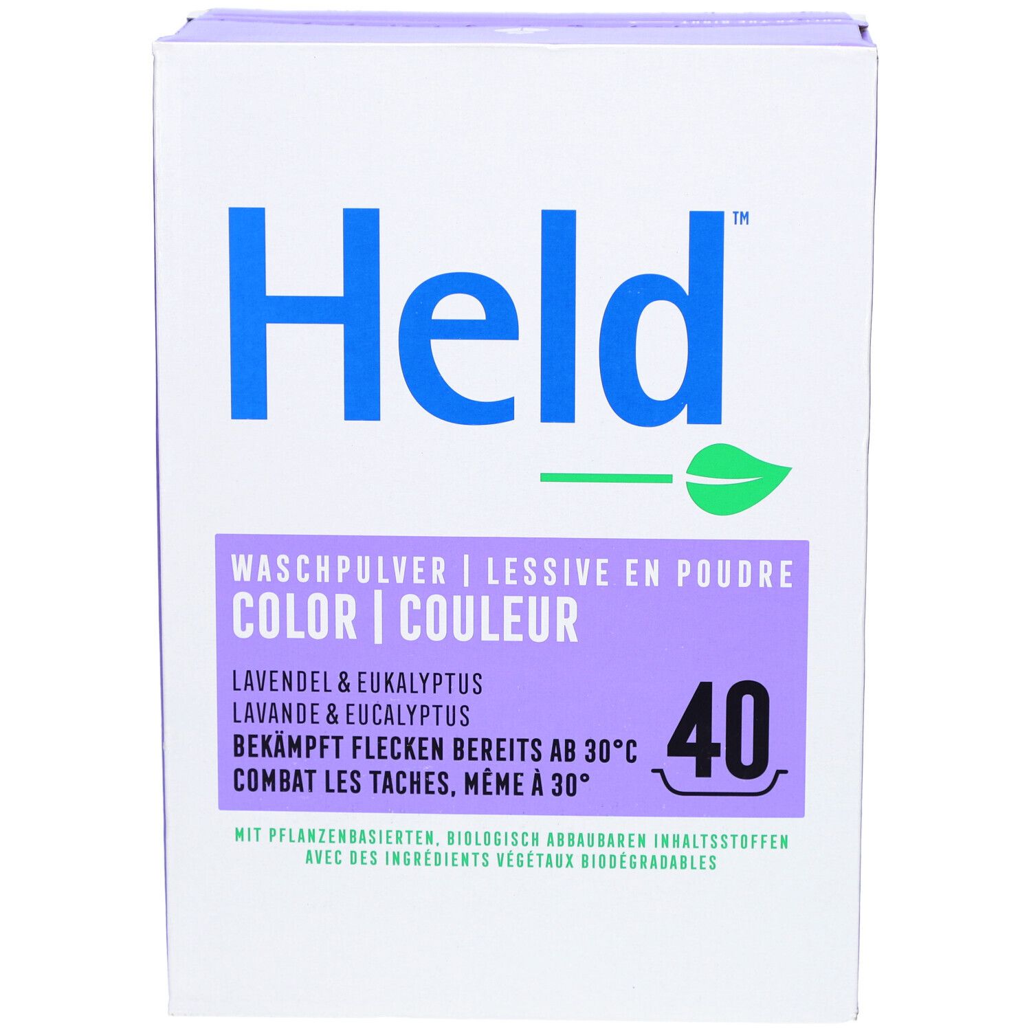 Face avant de la boîte de lessive. Held Color, Lavande & Eucalyptus. 40 lavages.