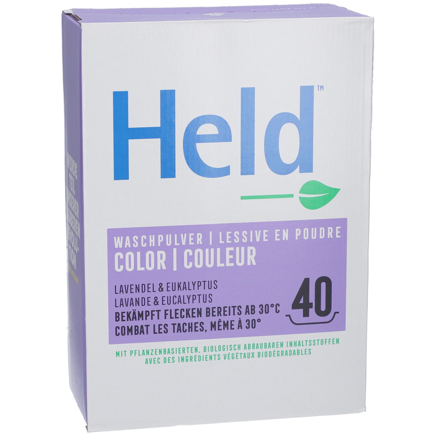 Face avant de la boîte de lessive. Held Color, Lavande & Eucalyptus. 40 lavages.