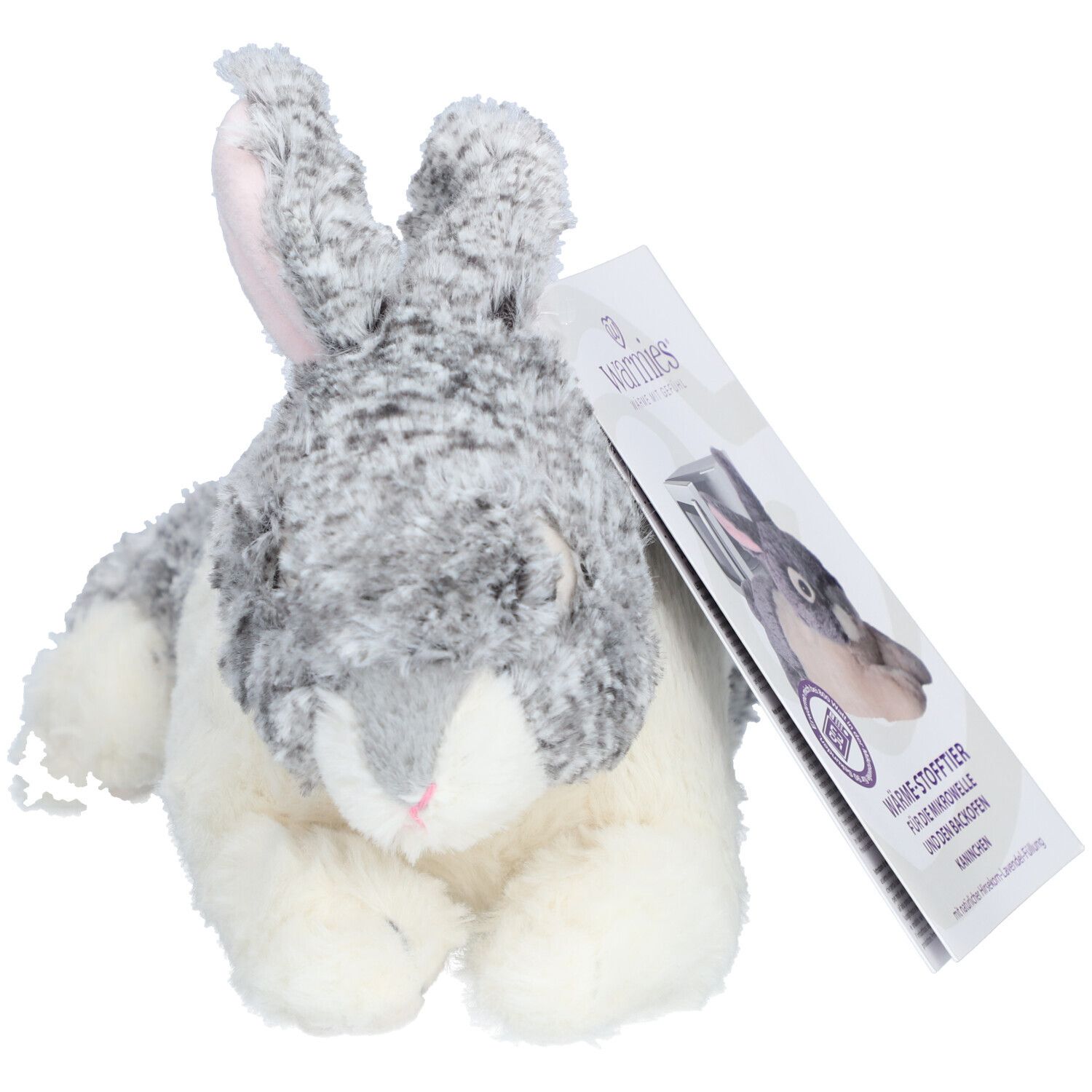 Lapin en peluche gris et blanc avec étiquette. Étiquette avec logo et nom du produit.