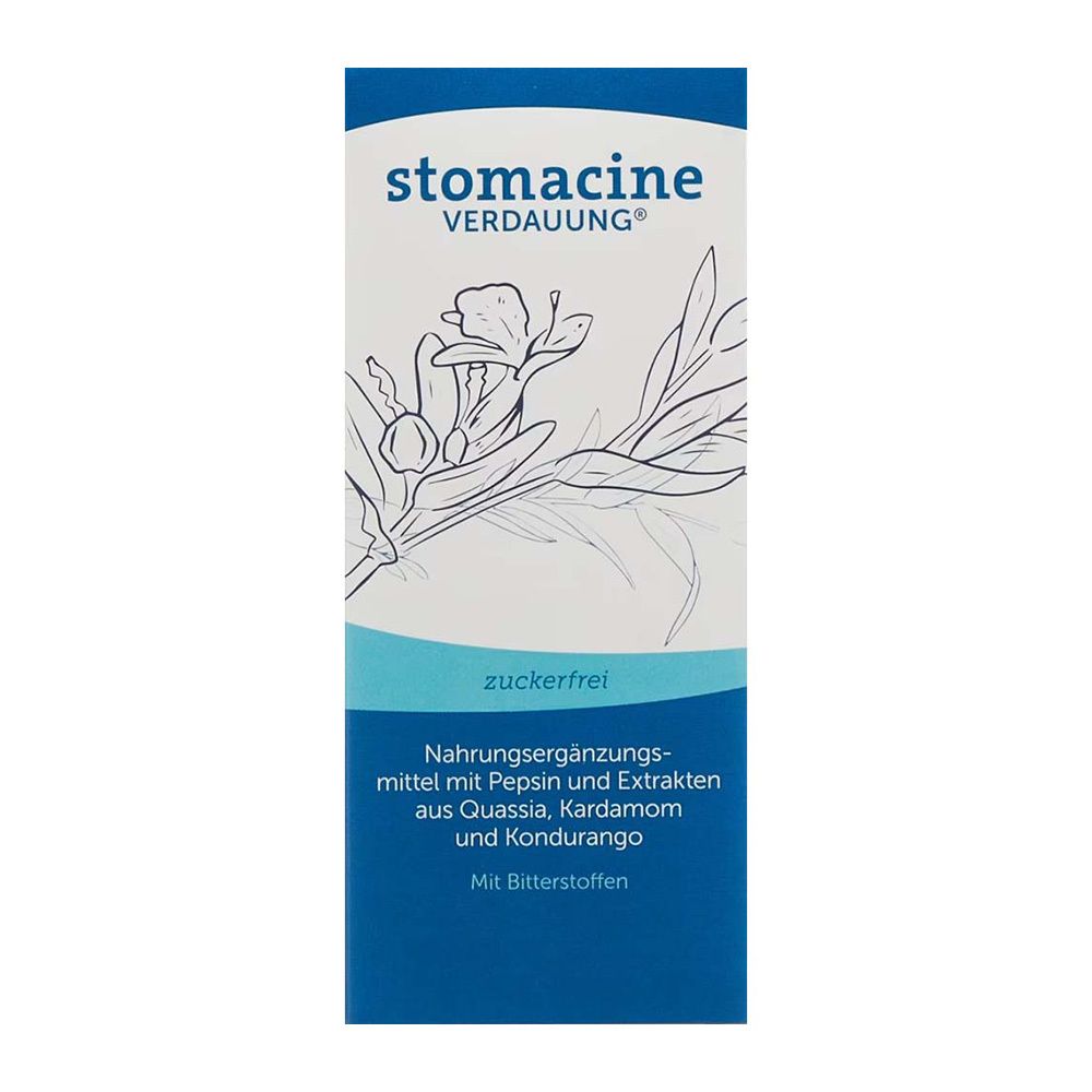 Boîte bleue de Stomacine Verdauung®. Nom du produit et informations sur l'emballage.