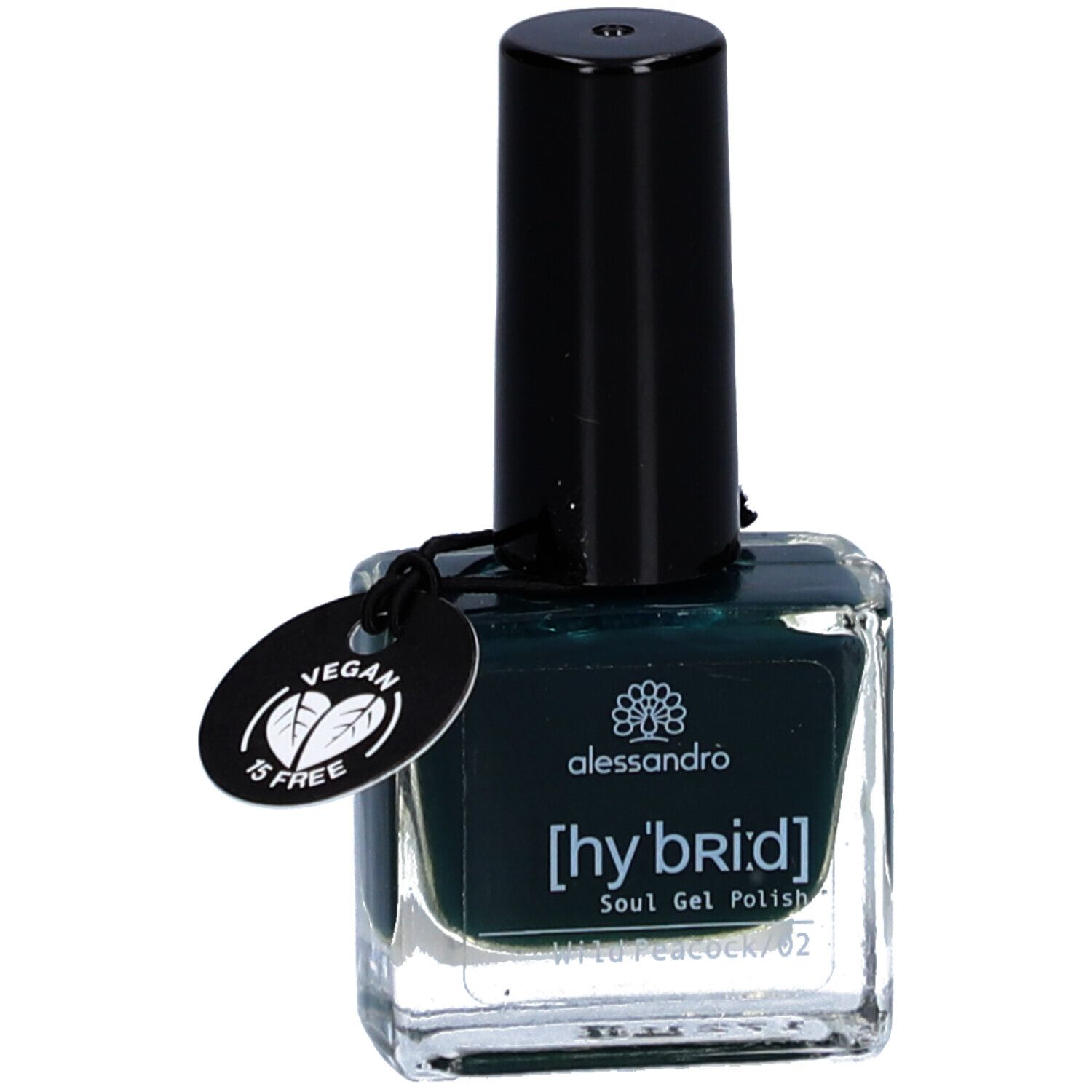 Vernis à ongles Alessandro [hy'br:id] vert foncé. Flacon en verre avec bouchon noir. Label Vegan.