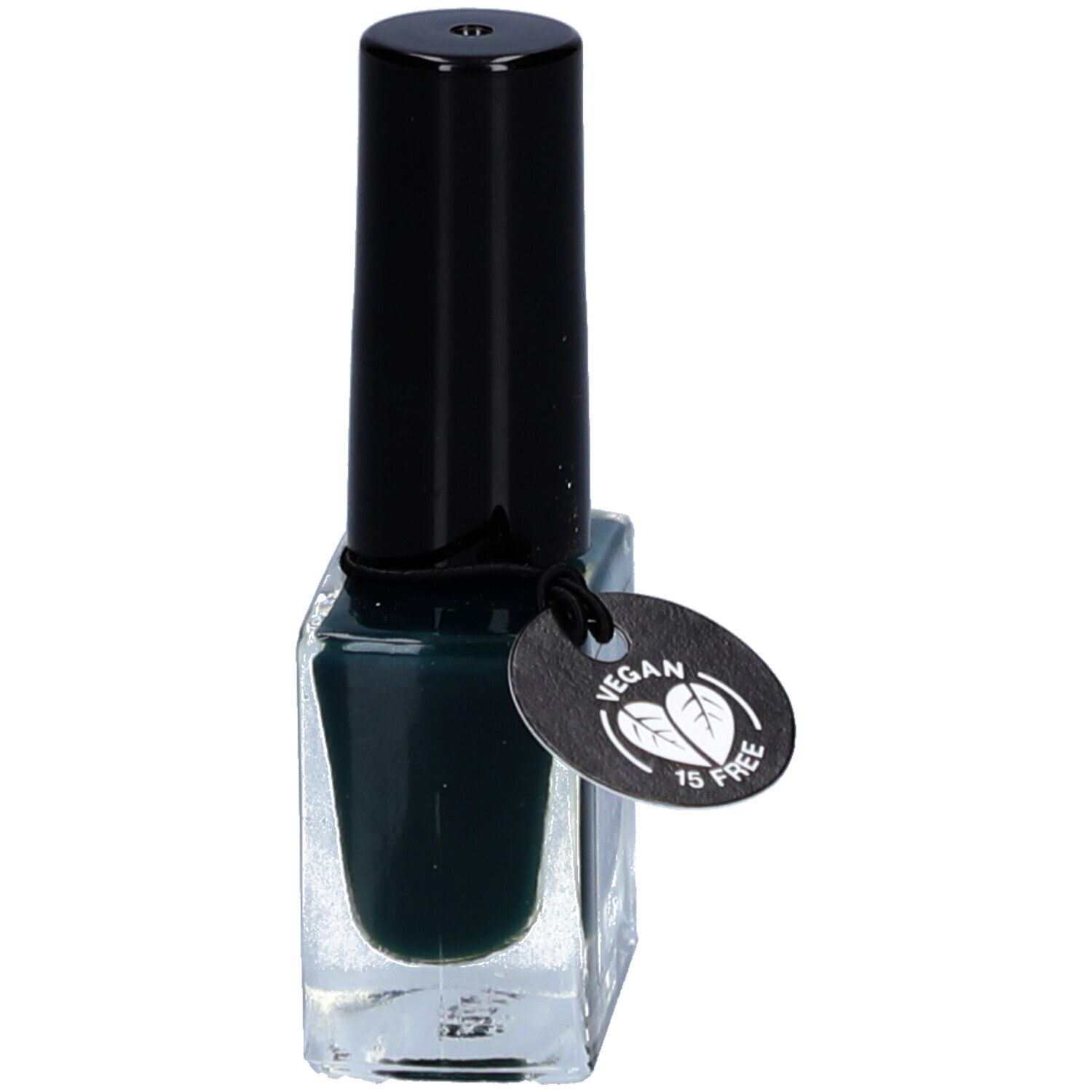 Vernis à ongles Alessandro [hy'br:id] vert foncé. Flacon en verre avec bouchon noir. Label Vegan.