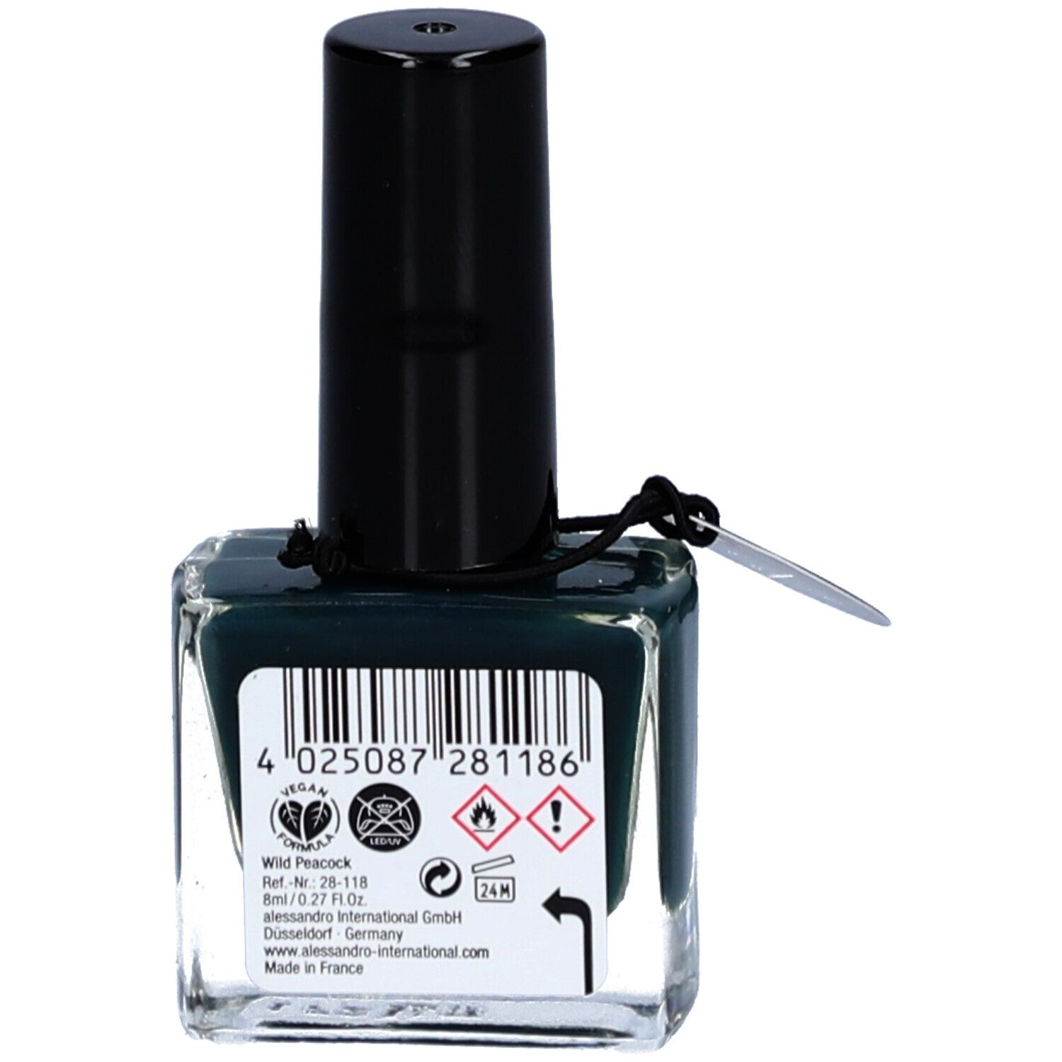 Vernis à ongles Alessandro [hy'br:id]. Dos du flacon avec code-barres, avertissements et informations.