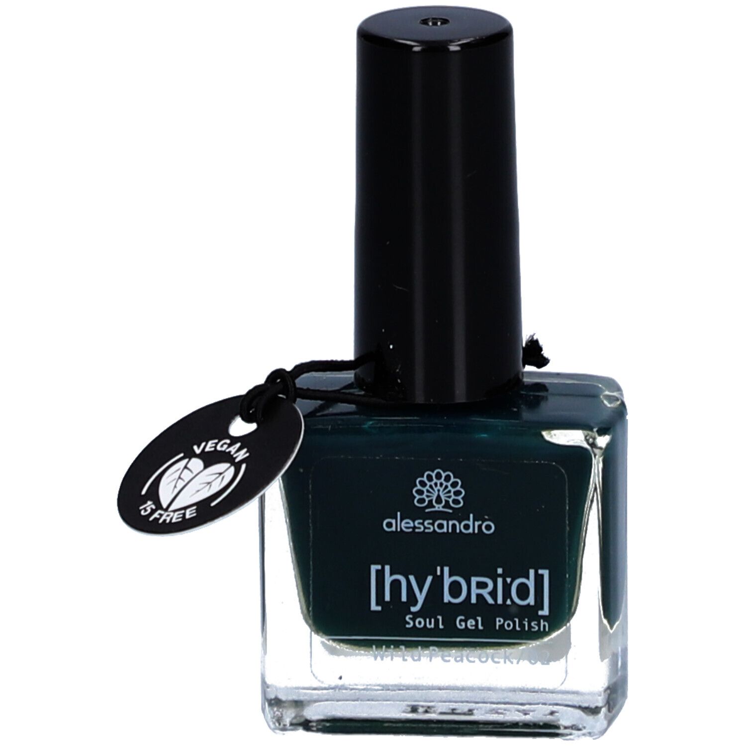 Vernis à ongles Alessandro [hy'br:id] vert foncé. Flacon en verre avec bouchon noir. Label Vegan.