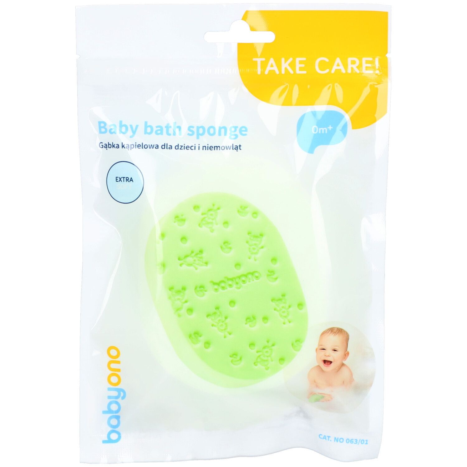 Éponge de bain pour bébé verte dans un emballage transparent. Inscription : Babyono, Extra, 6m+. Motifs en relief et un bébé.