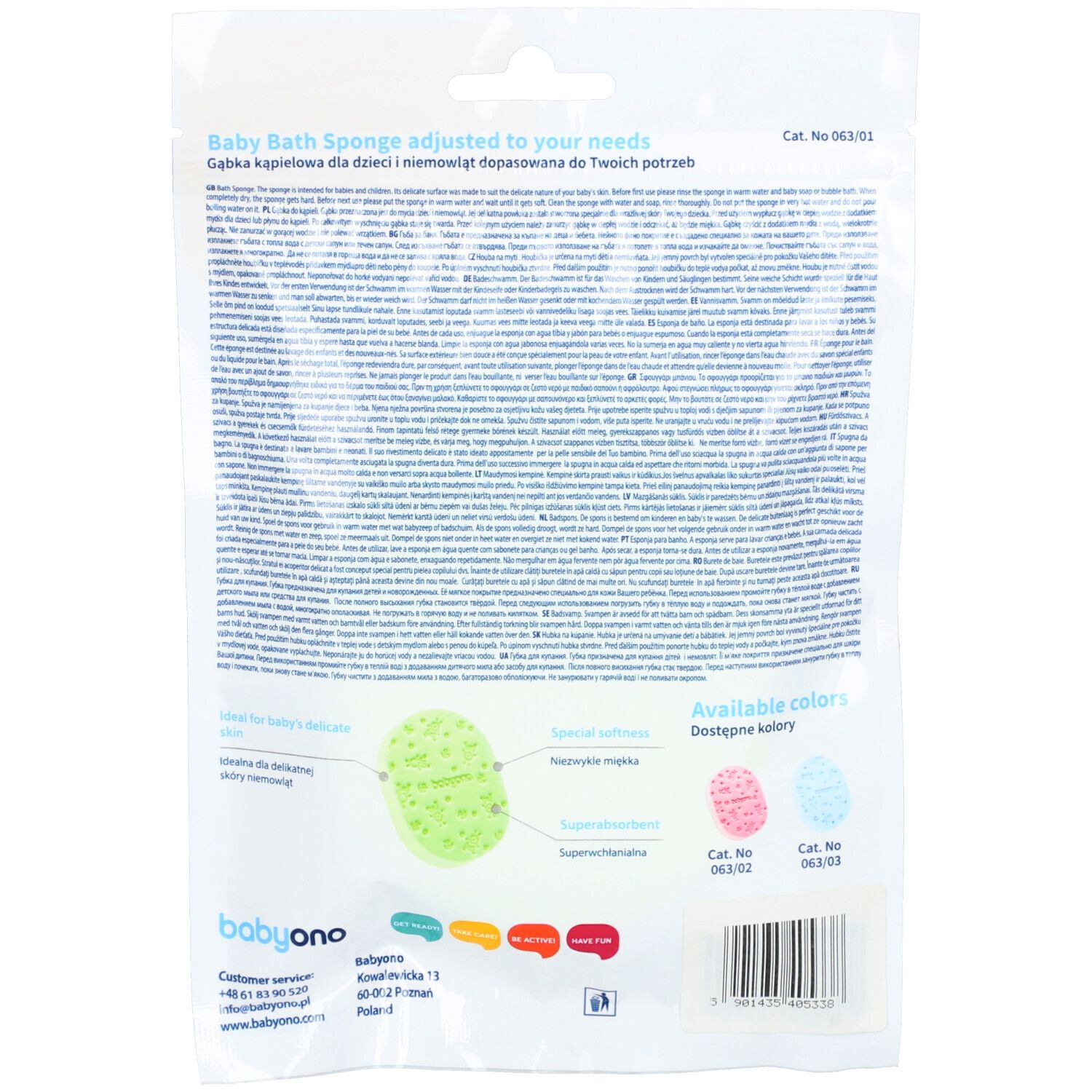 Dos de l'emballage avec texte et illustrations d'éponges. Variantes de couleurs : rose et bleu. Marque : Babyono.