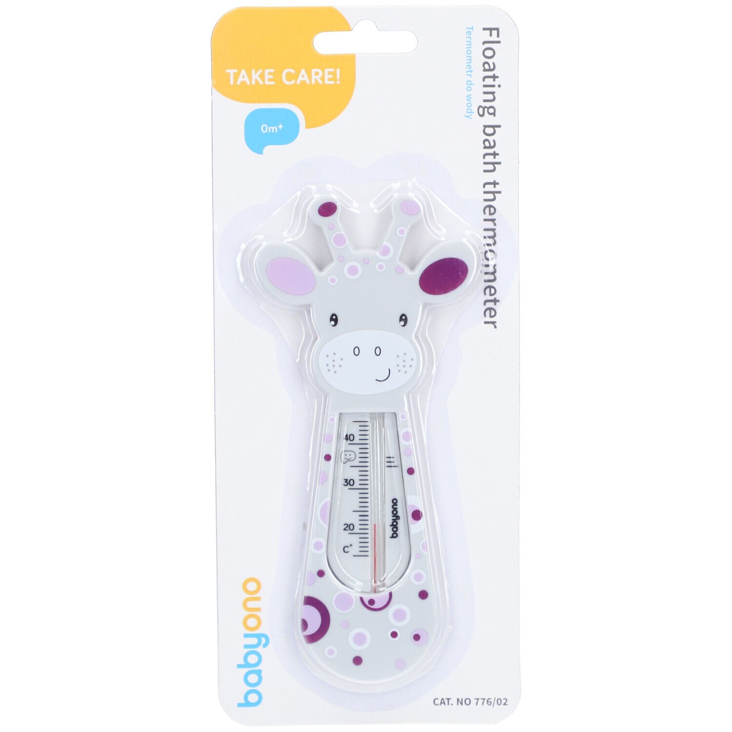 Thermomètre de bain flottant en forme de girafe, emballé. Échelle et marque Babyono. Couleurs grises, violettes et blanches.