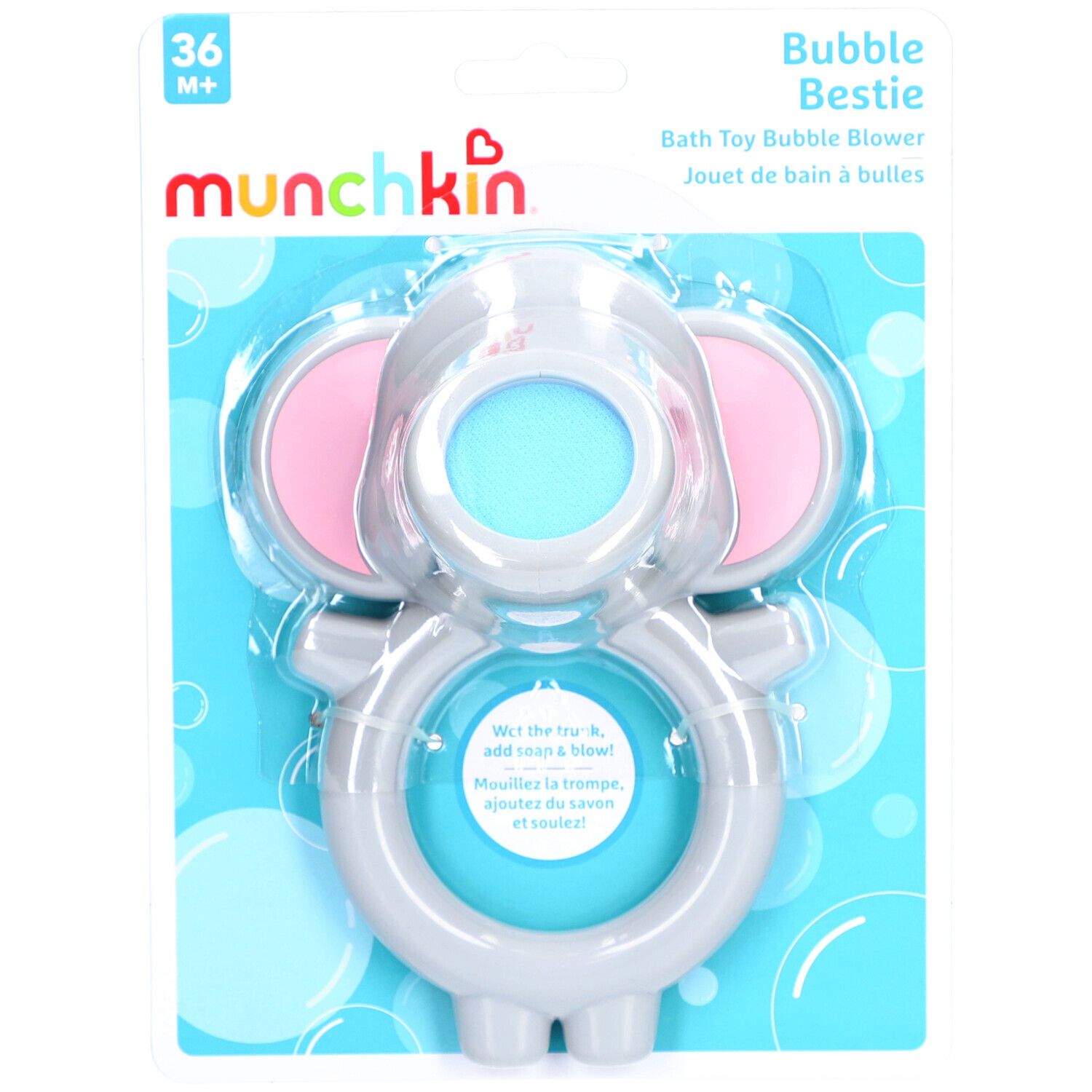 Jouet à bulles en forme d'éléphant gris, oreilles roses, bouche bleue. Emballage. Marque Munchkin.