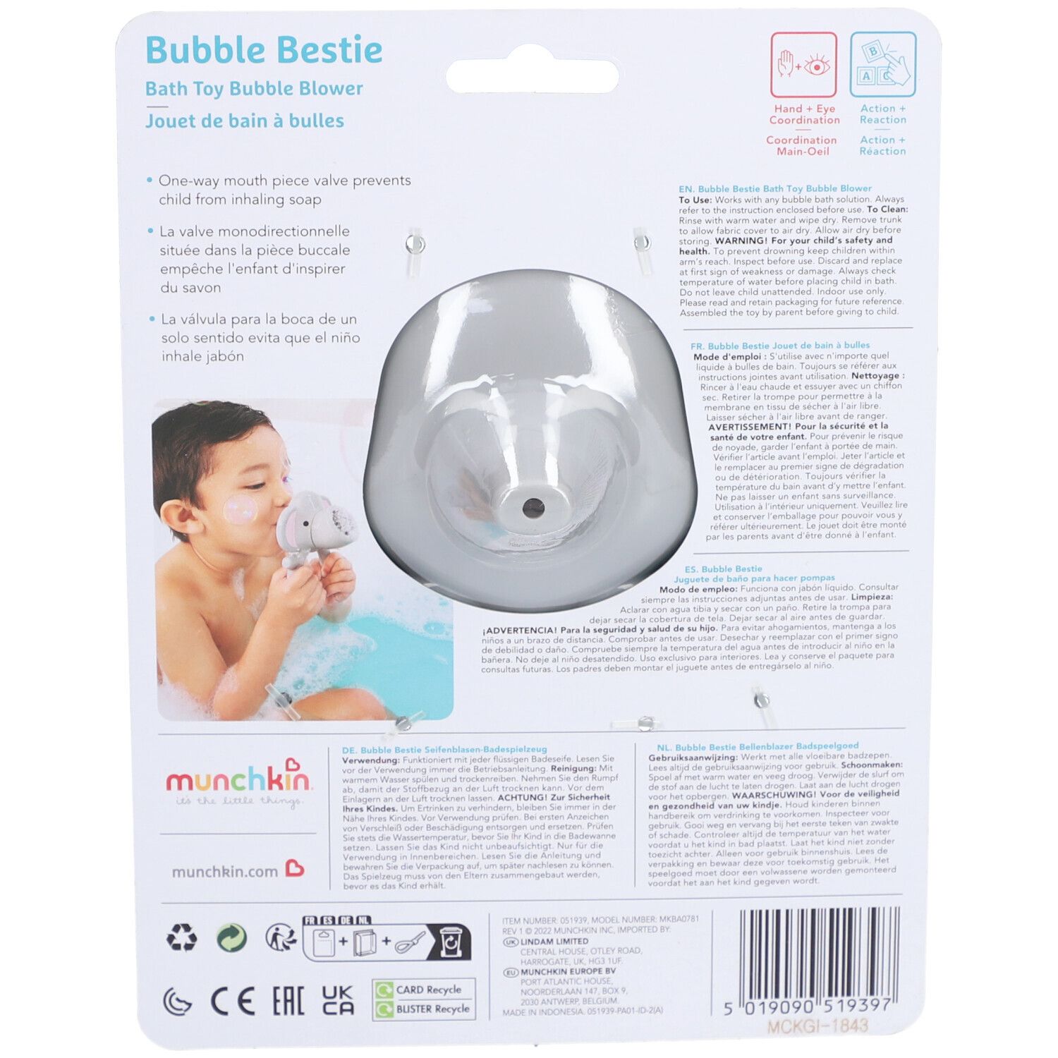Dos de l'emballage. Jouet à bulles gris. Enfant dans le bain. Texte: Bubble Bestie, Munchkin.