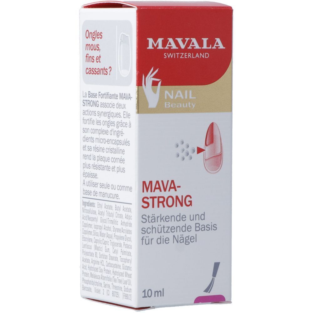 Boîte MAVALA Mava-Strong. Rouge et blanc. Contient 10 ml. Texte: MAVA-STRONG, Base fortifiante et protectrice pour les ongles.
