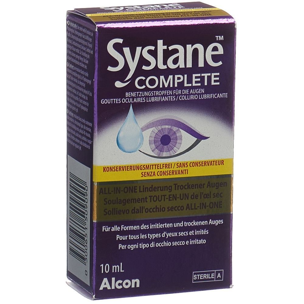 Boîte de Systane COMPLETE. Inscriptions en plusieurs langues. Contient 10 ml. Logo Alcon en bas.