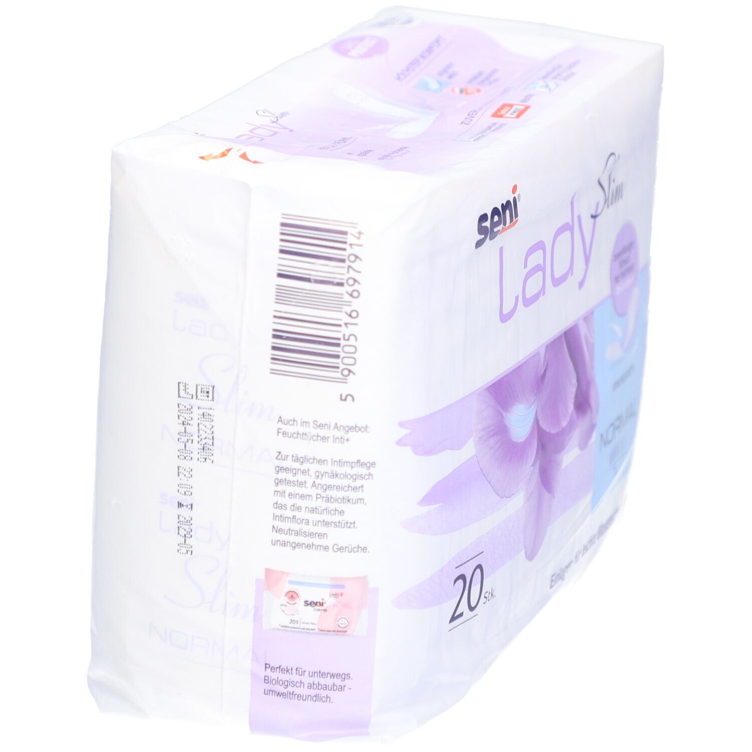 Paquet SENI Lady Slim Normal. Dos avec code-barres et informations sur le produit. 20 pièces. Inscription : respirant, protection fiable.