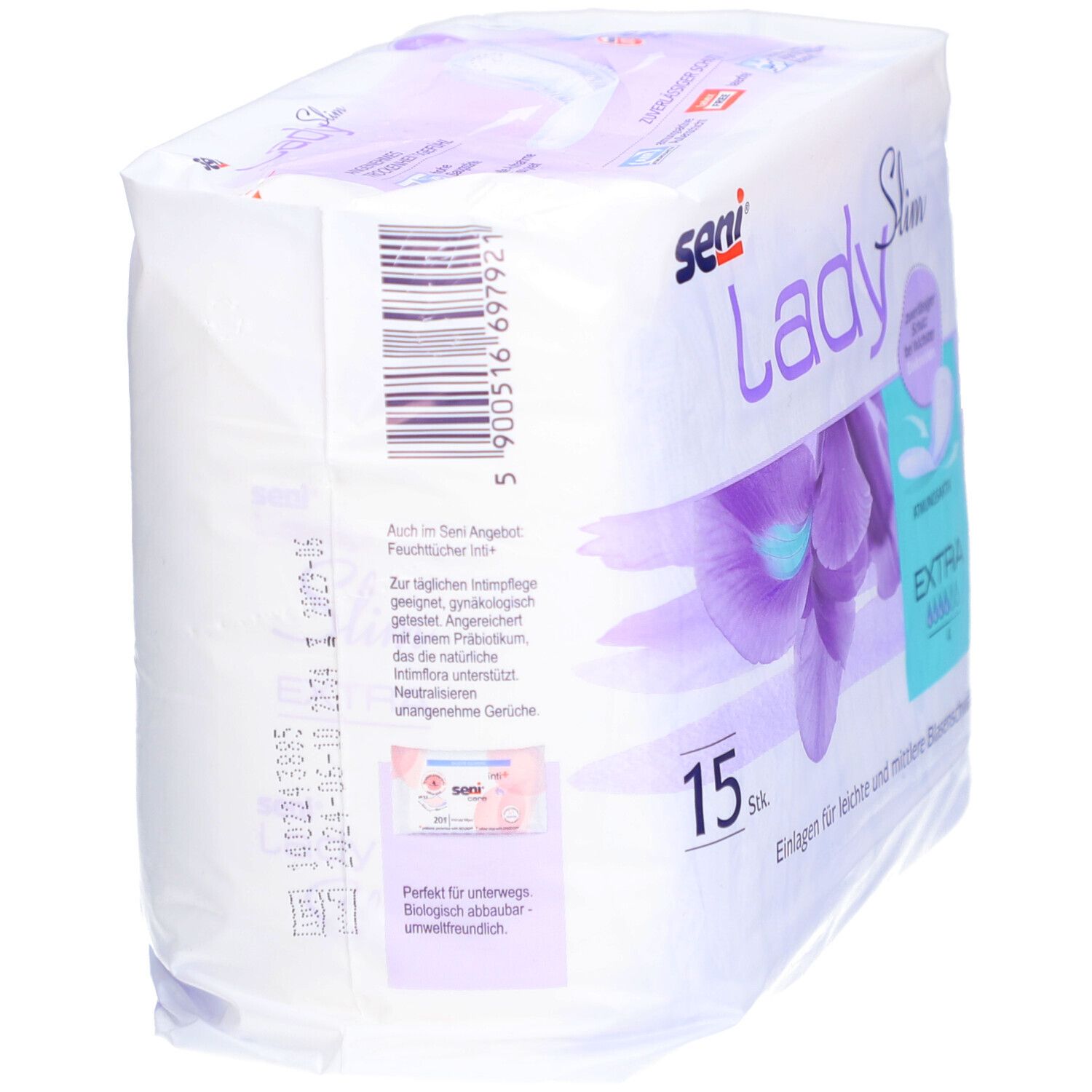 Dos du paquet Seni Lady Slim Extra. Code-barres et informations produit. 15 pièces. Pour fuites urinaires légères à modérées.