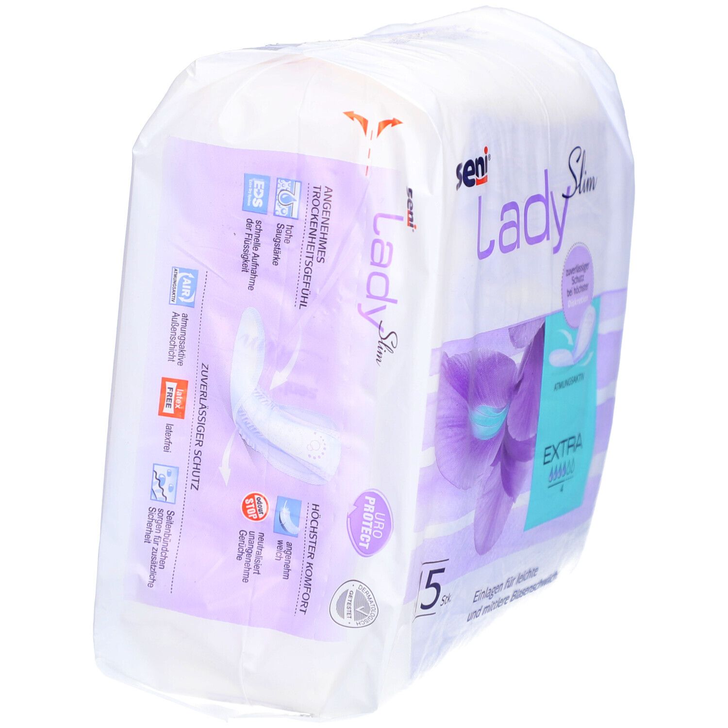 Paquet de serviettes Seni Lady Slim Extra. 5 pièces. Pour fuites urinaires légères à modérées. Confort et protection. Respirant.