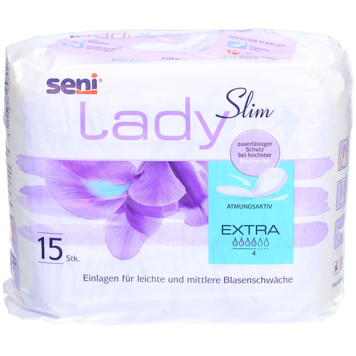 Paquet de serviettes Seni Lady Slim Extra. 15 pièces. Pour fuites urinaires légères à modérées. Respirant. Protection fiable.